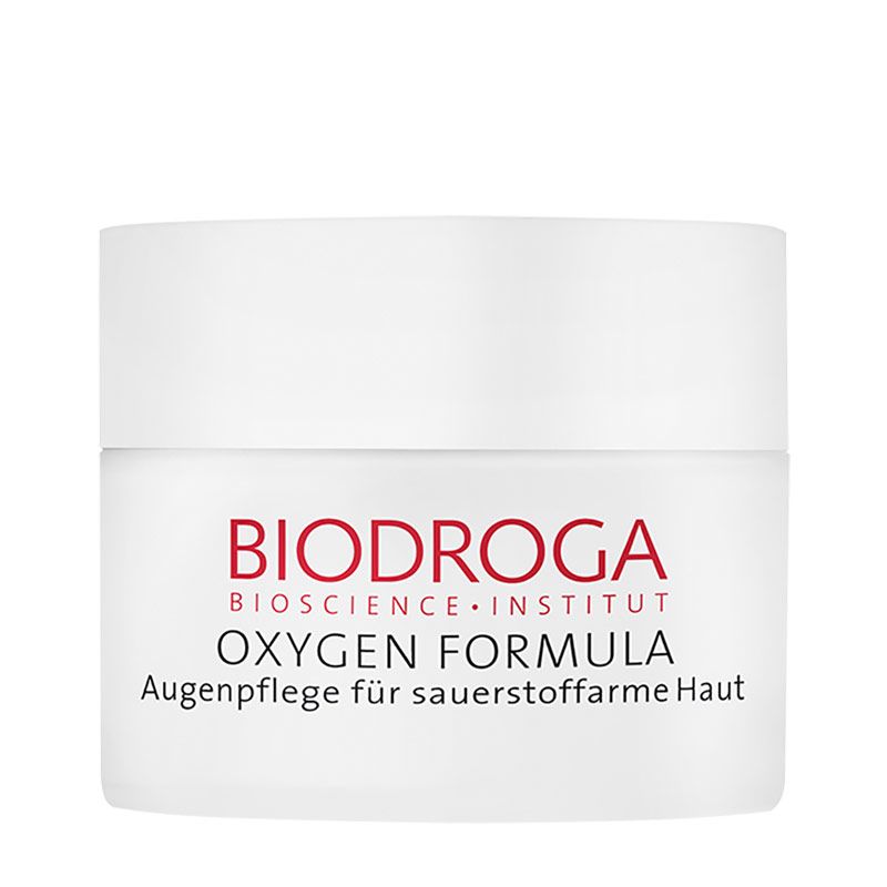 Weißer Tiegel mit roter Schrift. Aufschrift: BIODROGA BIOSCIENCE INSTITUT, OXYGEN FORMULA, Augenpflege für sauerstoffarme Haut.
