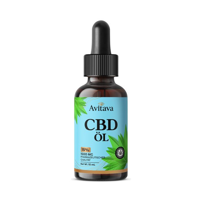 Avitava CBD Öl Vollspektrum Flasche mit Pipette. Hellblaue Etikett mit grünen Blättern und Produktinformationen.