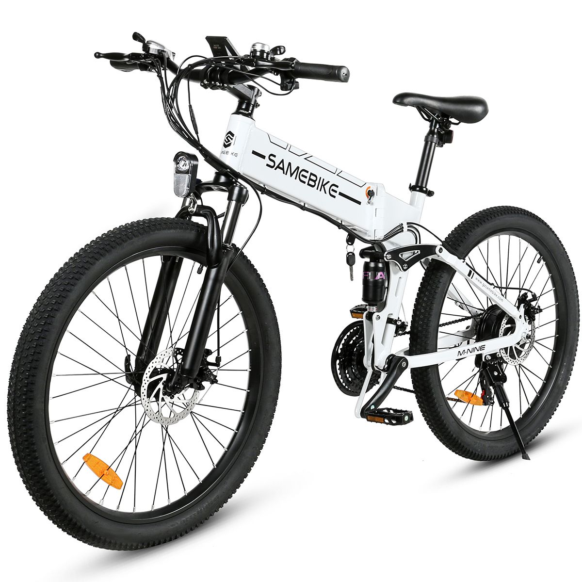 Faltbares Elektrofahrrad, weiß, schwarz. Marke SAMEBIKE. Große Reifen, Scheibenbremsen. Details: Sattel, Lenker, Pedale.
