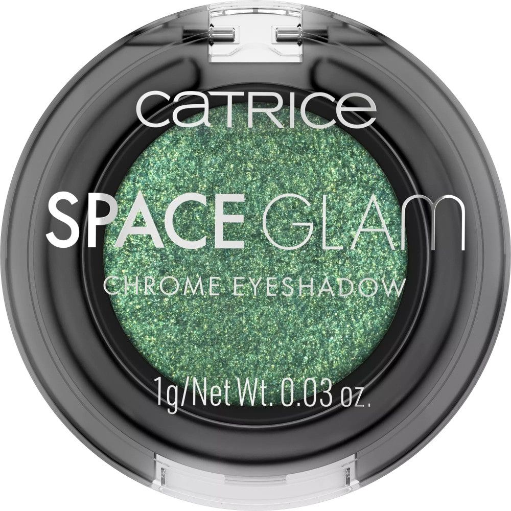 Runder Lidschatten-Tiegel, grün schimmernd. Aufschrift: Catrice, Space Glam, Chrome Eyeshadow, 1g/Net Wt. 0.03 oz.