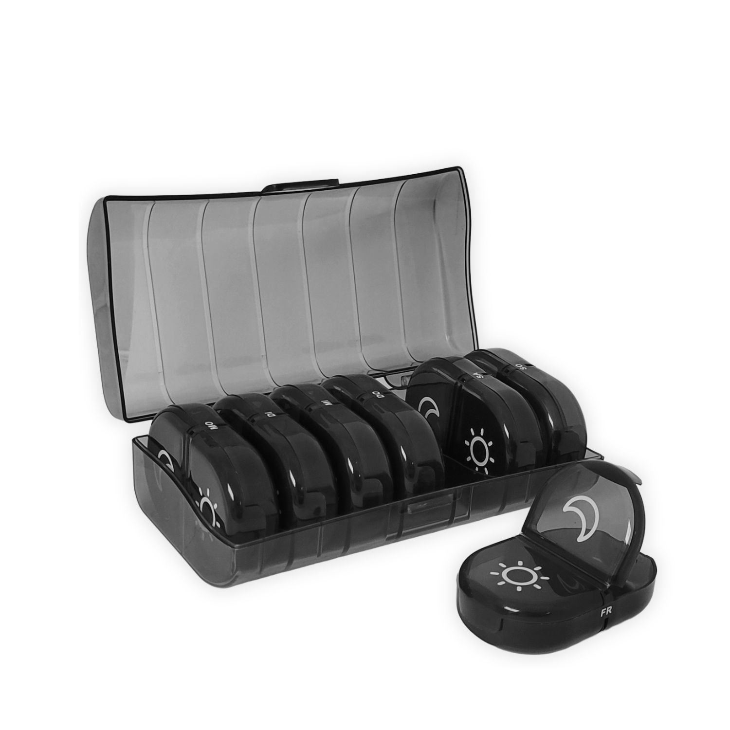 Schwarze 7-Tage-Tablettenbox mit 2 Fächern. Einzelne Fächer mit Sonne/Mond-Symbolen. Transparenter Deckel.