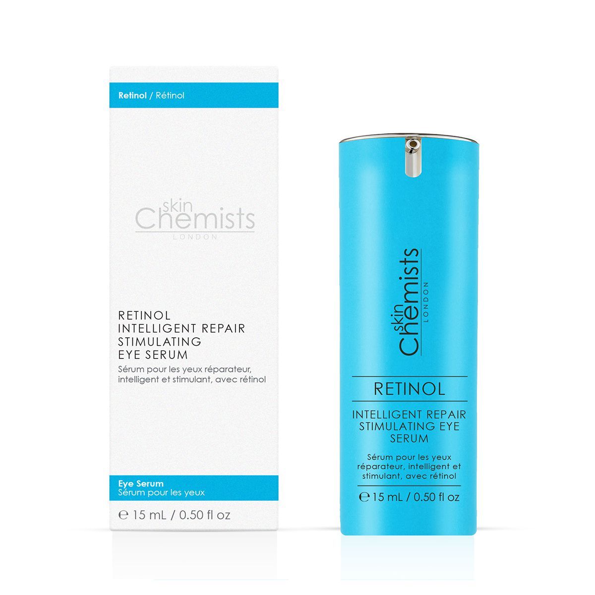 Blaues Augenserum und Verpackung. Text: Retinol Intelligent Repair Stimulating Eye Serum. Marke: skinChemists London.