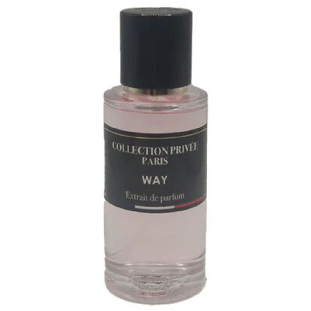 Klarer Flakon mit rosa Flüssigkeit und schwarzem Deckel. Aufschrift: "COLLECTION PRIVÉE PARIS", "WAY" und "Extrait de parfum".