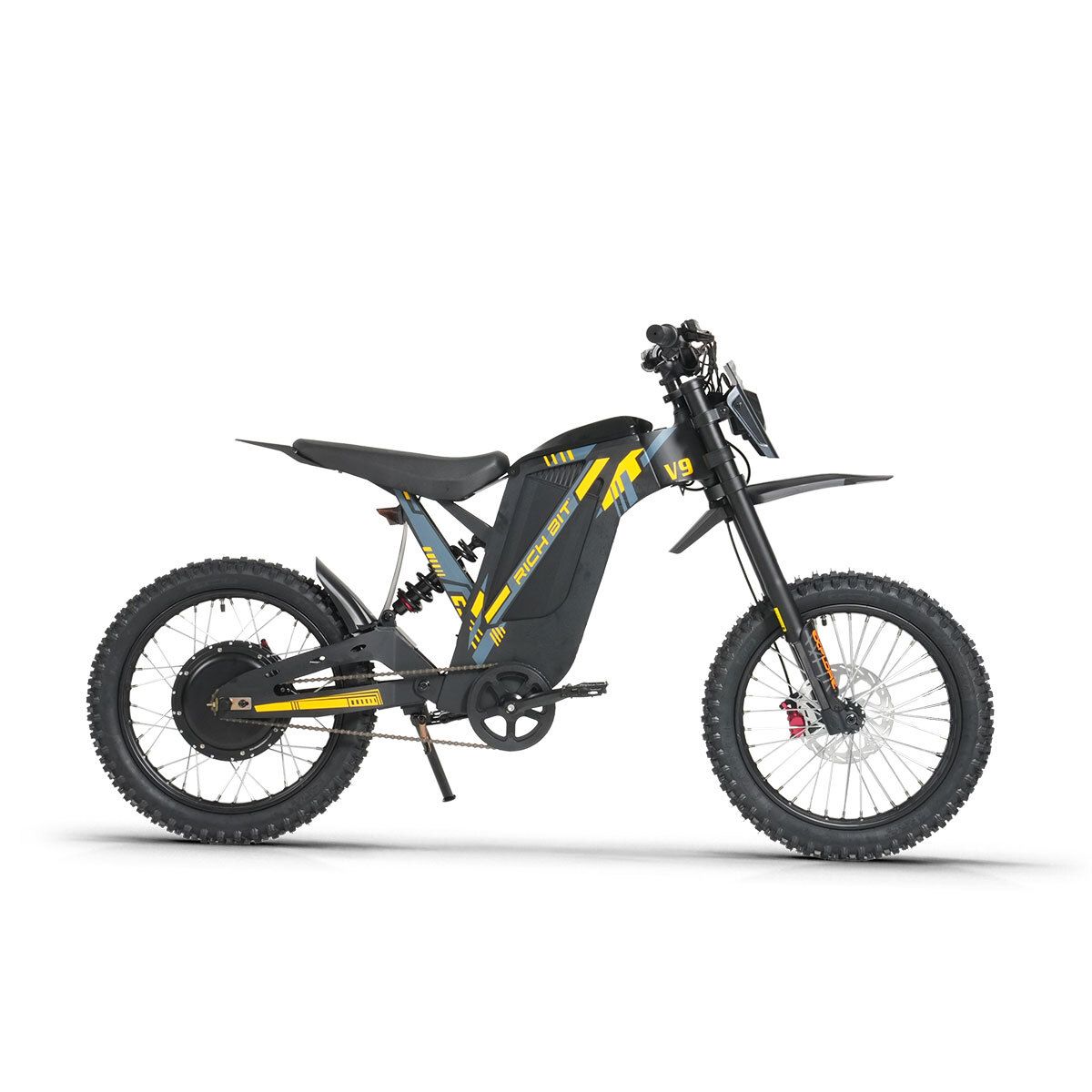 Schwarzes E-Dirtbike, Seitenansicht. Gelbe Akzente, Offroad-Reifen, Scheibenbremsen. RICH BIT V9 Ultra.