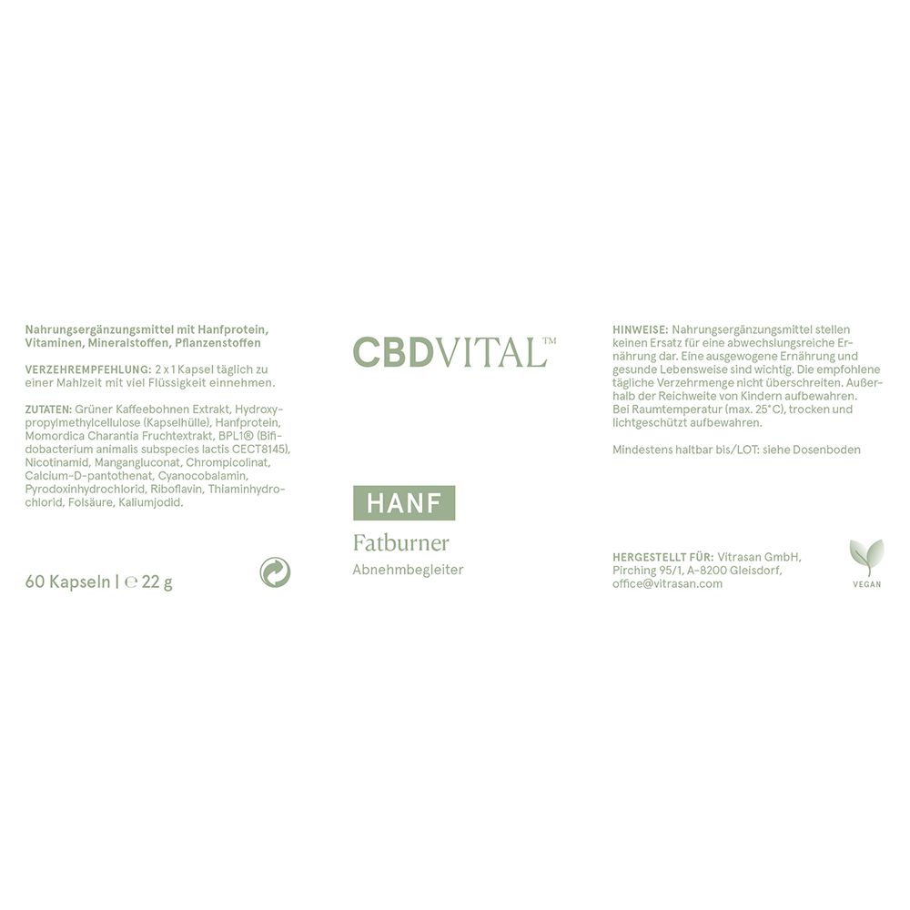 Kapseln-Packung mit Text. CBDVITAL-Logo, HANF Fatburner. 60 Kapseln, 22g. Vegan-Siegel.