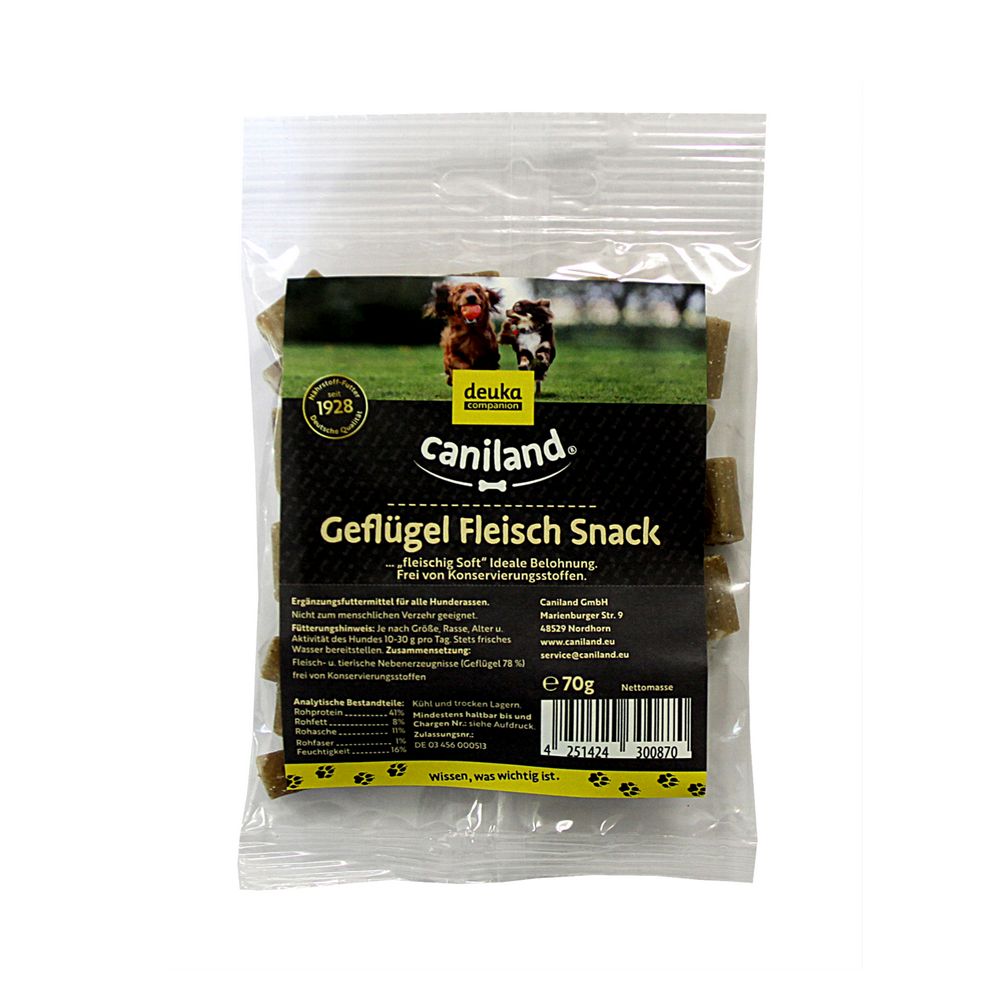 Transparente Verpackung mit Hundesnack. Aufdruck: "caniland Geflügel Fleisch Snack". Logo und Text in Schwarz und Gelb. Inhalt: 70g.