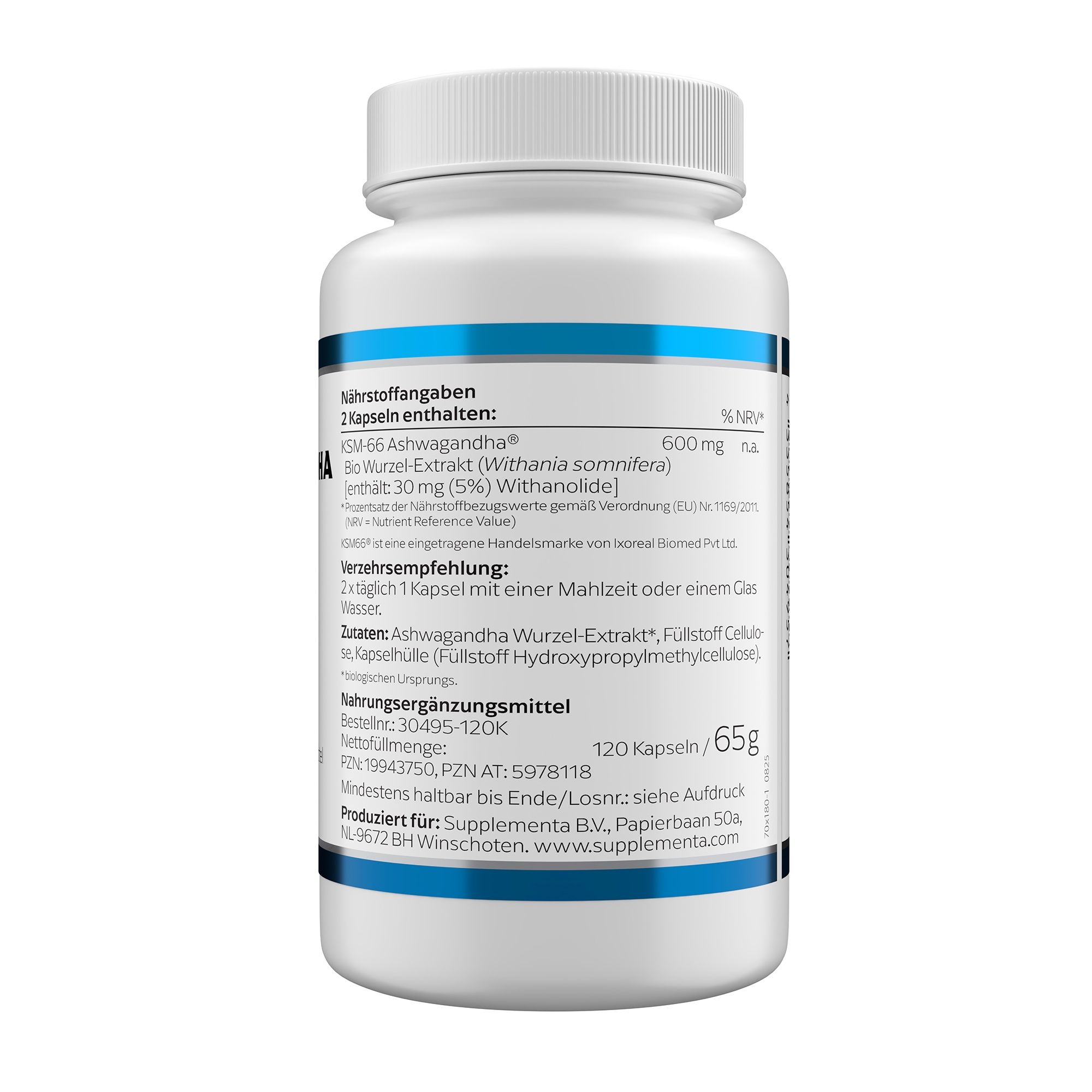 Rückseite einer weißen Flasche. Text: Nährwertangaben, 120 Kapseln, 65g. Herstellerinformationen.