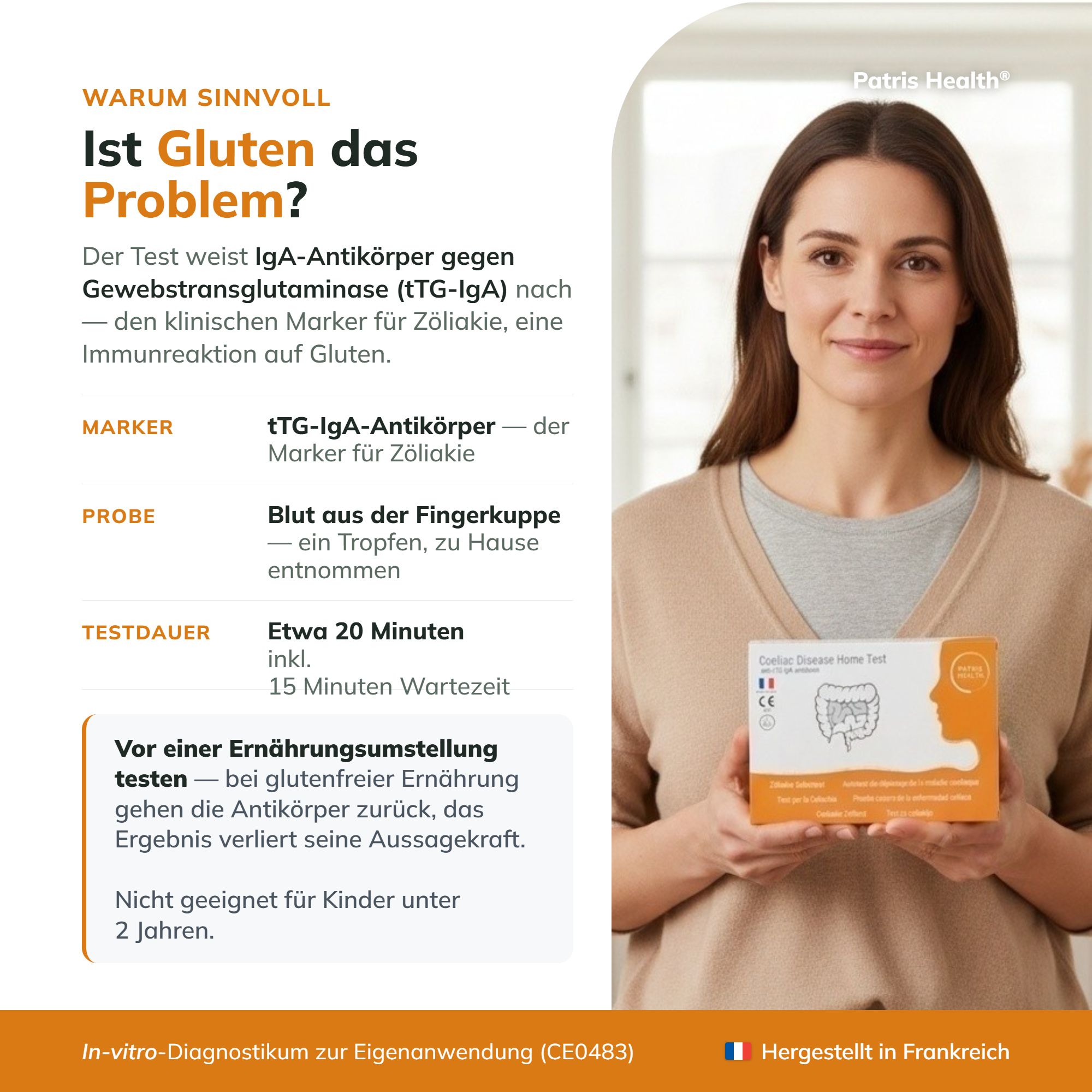 Frau hält Zöliakie Selbsttest-Box. Text erklärt Marker, Probe, Testdauer und wann testen.