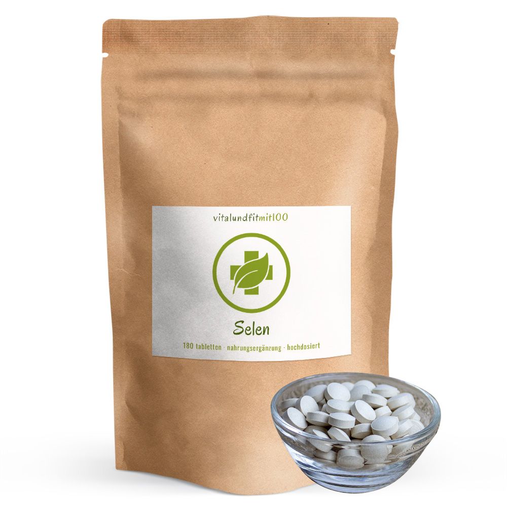 Braune Tüte mit weißem Etikett und grüner Grafik. Darunter eine Glasschale mit Tabletten. Auf dem Etikett steht "Selen".