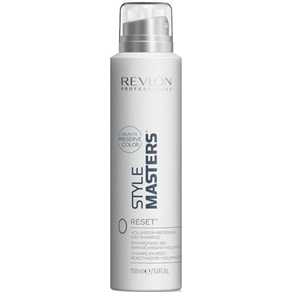 Weißes Spray mit silbernem Sprühkopf. Aufschrift: Revlon Professional, Style Masters Reset, Volumen+ Refreshing Dry Shampoo.