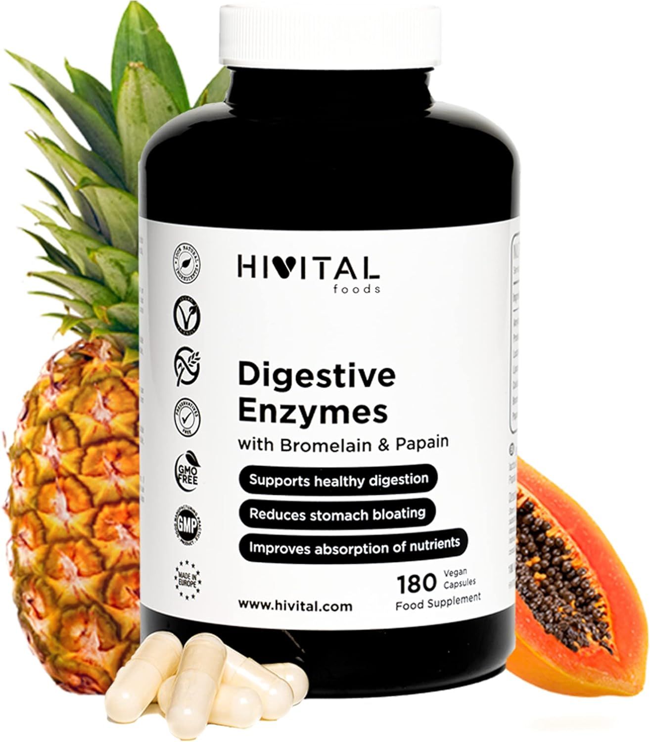 HIVITAL Verdauungsenzyme Kapseln in einer schwarzen Flasche. Aufschrift: Digestive Enzymes, Bromelain & Papain. 180 Kapseln. Vegan.