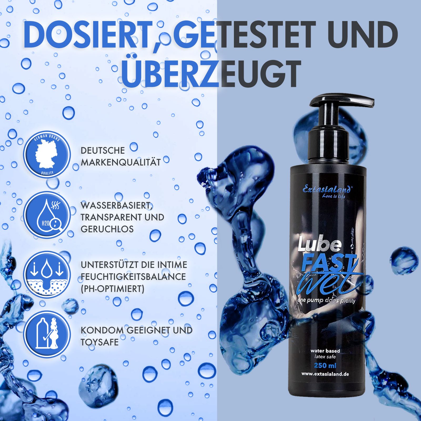 Schwarze Flasche mit Pumpe. Aufschrift: Lube Fast Wet. 250 ml. Wasserbasiert. Text: Dosiert, getestet und überzeugt.