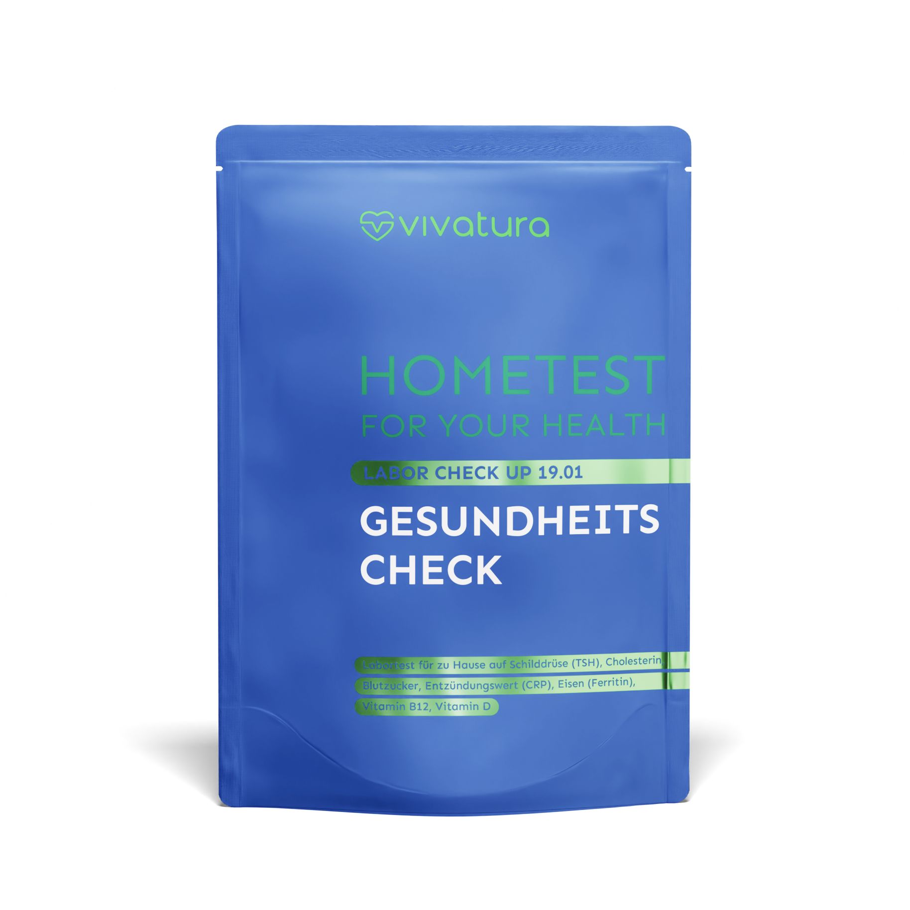 Blauer Beutel mit "vivatura" Logo und Text: "HOMETEST", "GESUNDHEITS CHECK". Enthält Informationen zu Tests.
