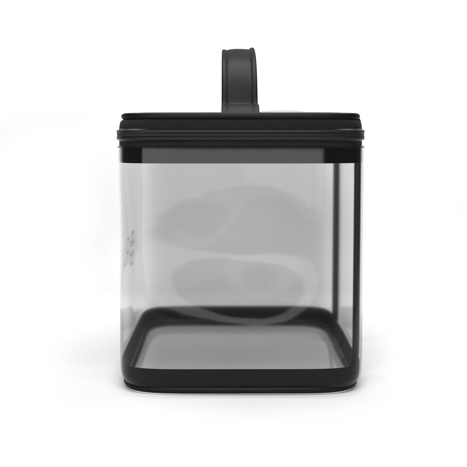 Transparente Kosmetiktasche mit schwarzem Rahmen und Griff. Aufschrift AILORIA in Weiß. Quadratische Form.