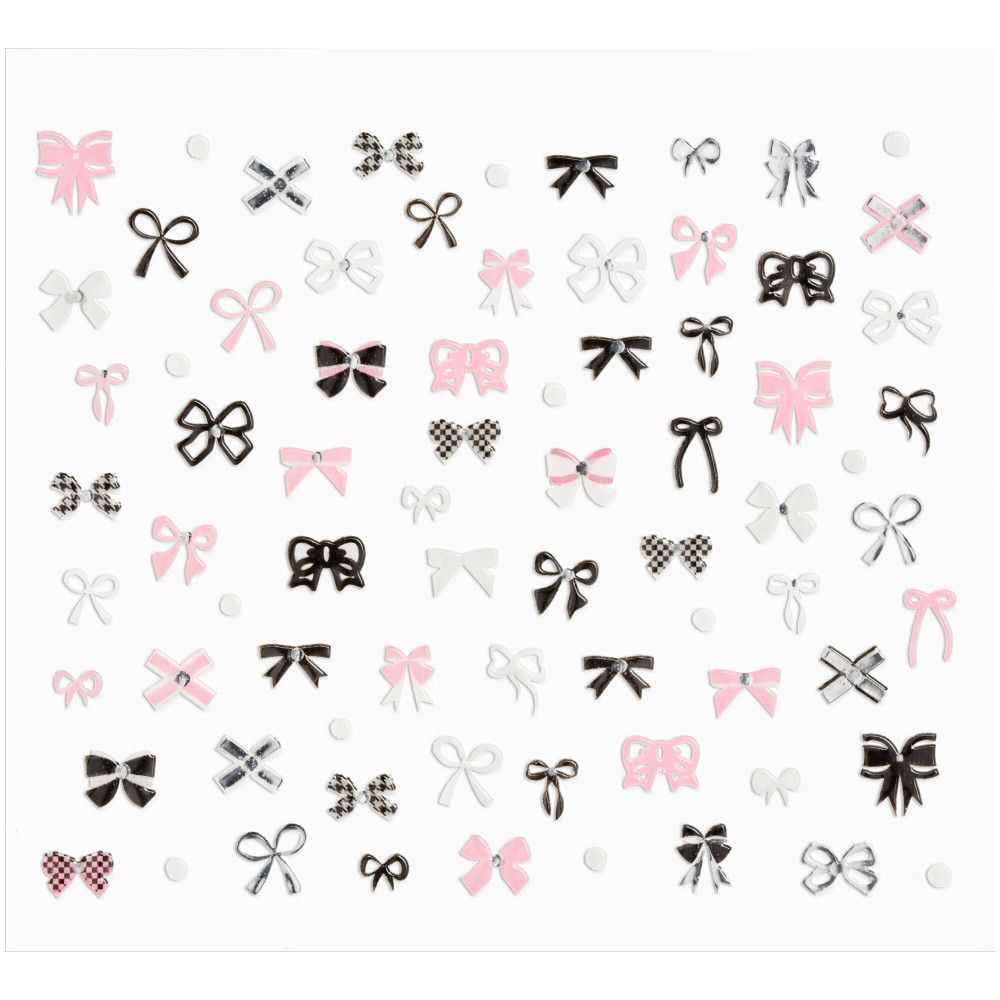 Nagelsticker mit verschiedenen Schleifen-Designs in Schwarz, Weiß und Rosa. Einige mit Glitzer.