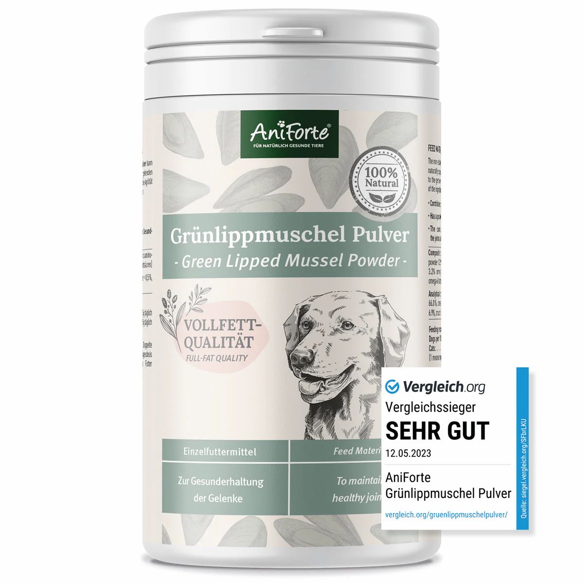 Weiße Dose mit Grünlippmuschel Pulver. Logo AniForte. Aufdruck: 100% Natural, Vollfett-Qualität. Hund auf der Dose. Siegel: Sehr Gut.