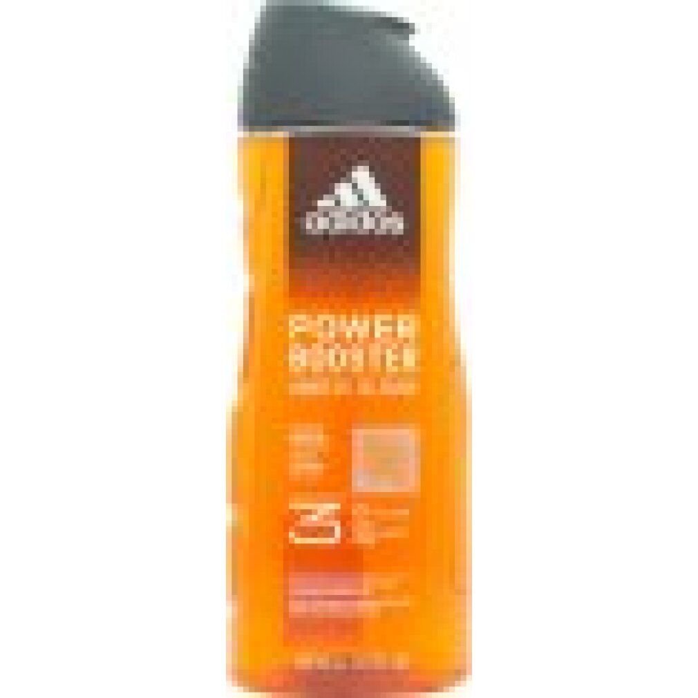 Orangefarbene Flasche mit grauem Deckel. Aufschrift Adidas Power Booster. 400 ml.