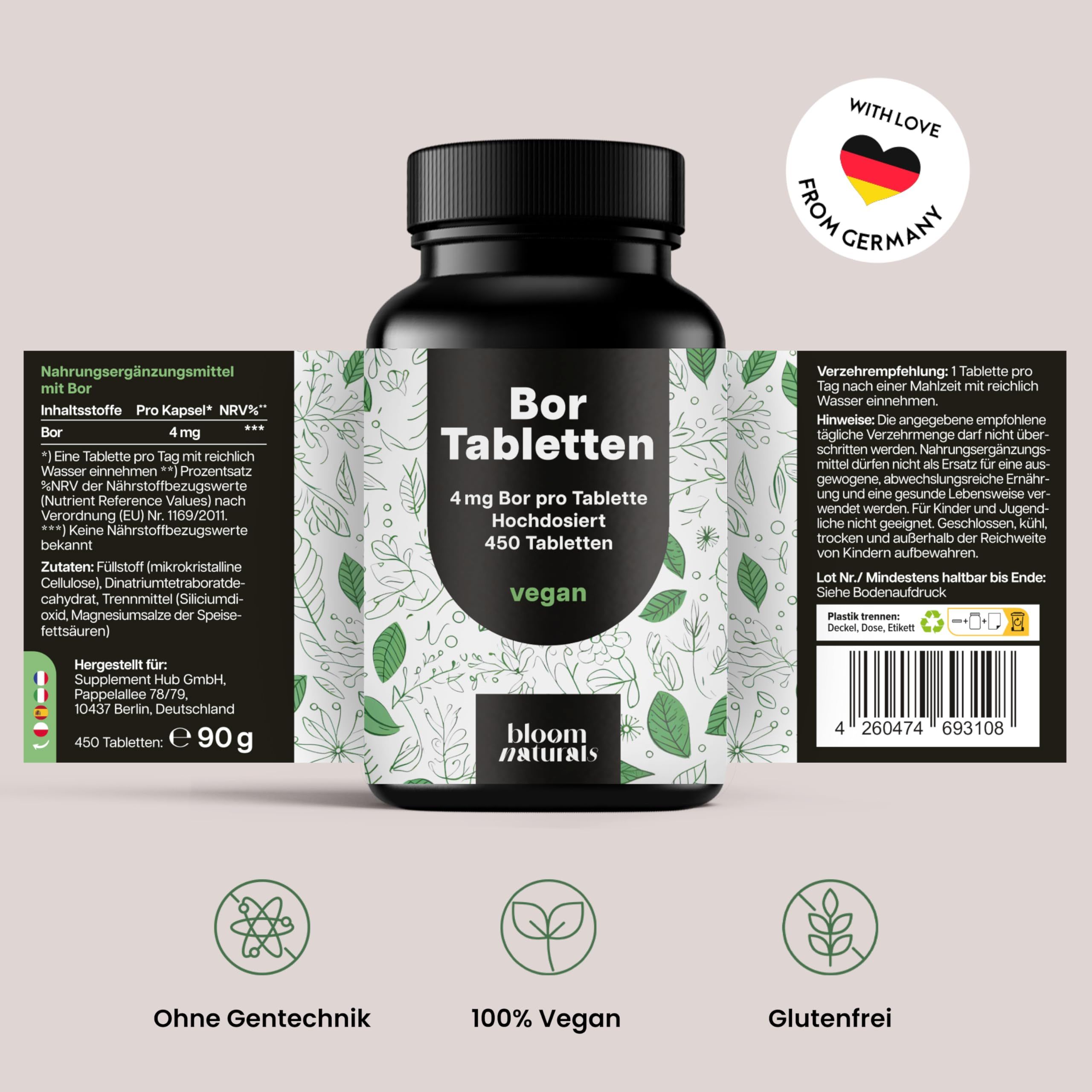 Schwarze Flasche mit Etiketten. Text: Bor Tabletten, 4mg Bor pro Tablette, 450 Tabletten, vegan. Inhaltsstoffe, Herkunft.