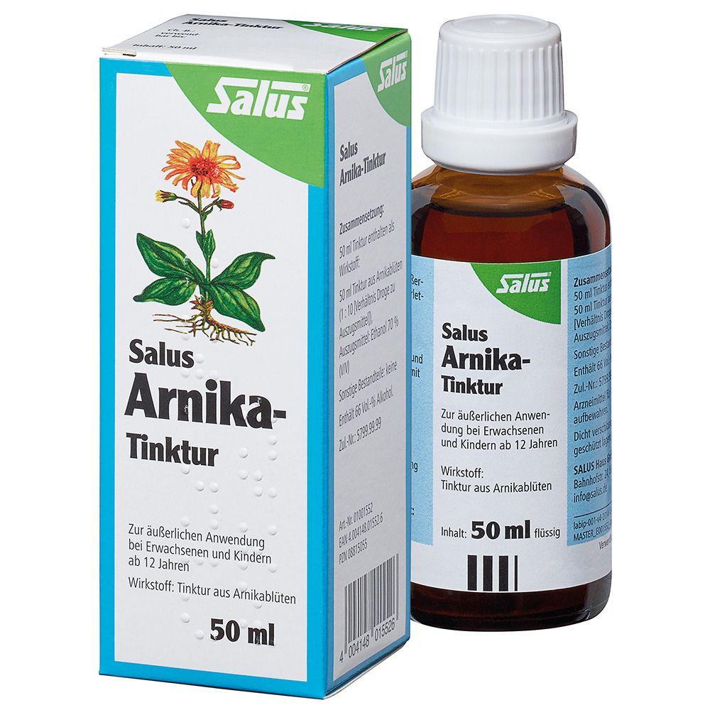 Salus Arnika-Tinktur, Flasche und Schachtel. Flasche mit Schraubverschluss, daneben die Produktverpackung mit Pflanzenabbildung.