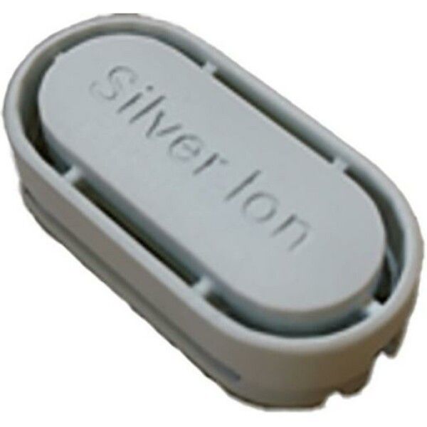 Grauer Filter mit der Aufschrift "Silver Ion". Ovales Design mit innerem und äußerem Teil.