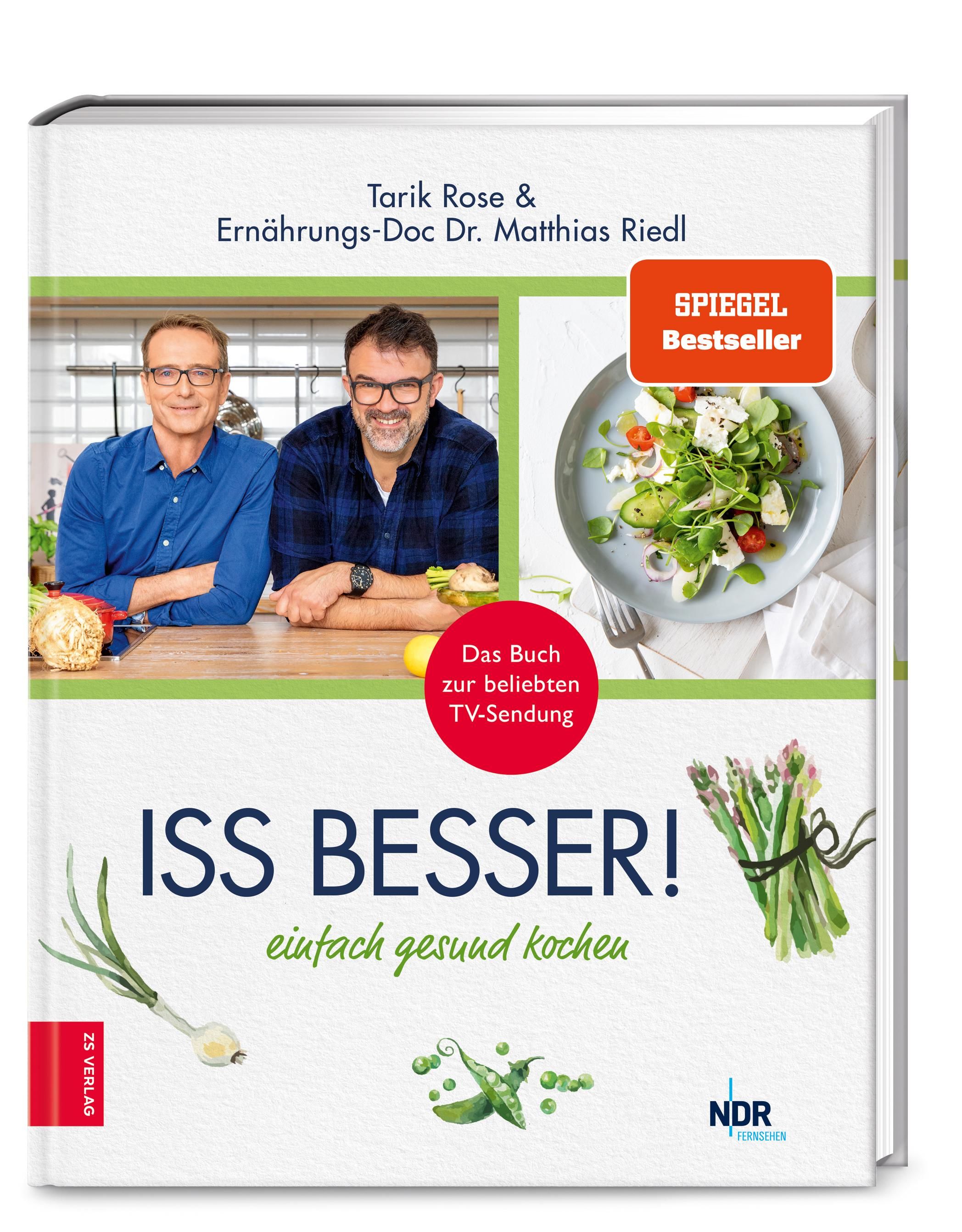 Buchcover: "Iss besser!" mit Autoren, Salat und Spargel. Spiegel-Bestseller-Aufkleber. NDR-Logo.