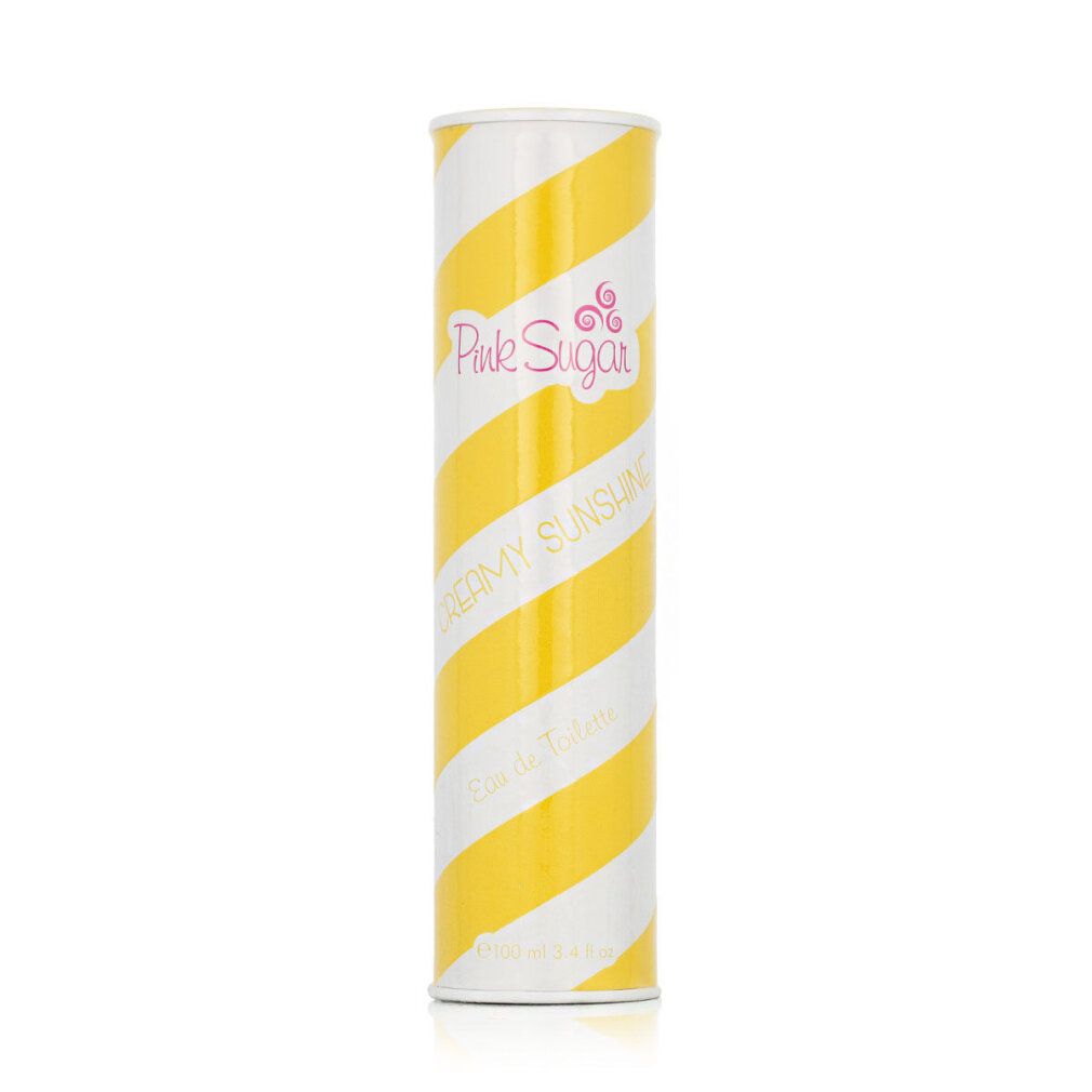 Zylindrische Verpackung mit gelb-weißen Streifen. Pink Sugar-Logo und "Creamy Sunshine" Schriftzug.
