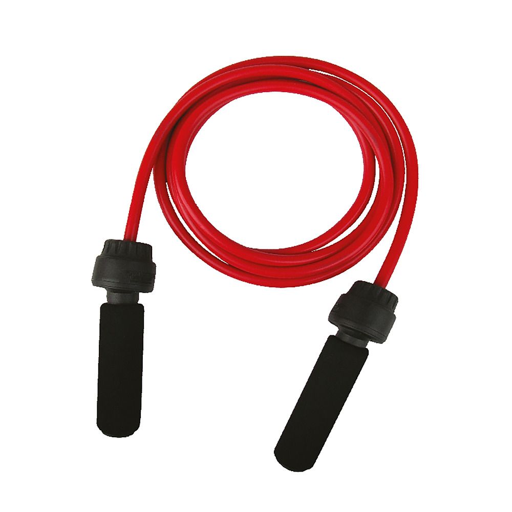 Rotes Springseil mit schwarzen Griffen. Griffe mit Schaumstoff ummantelt. Schwarze Verbindungsstücke.