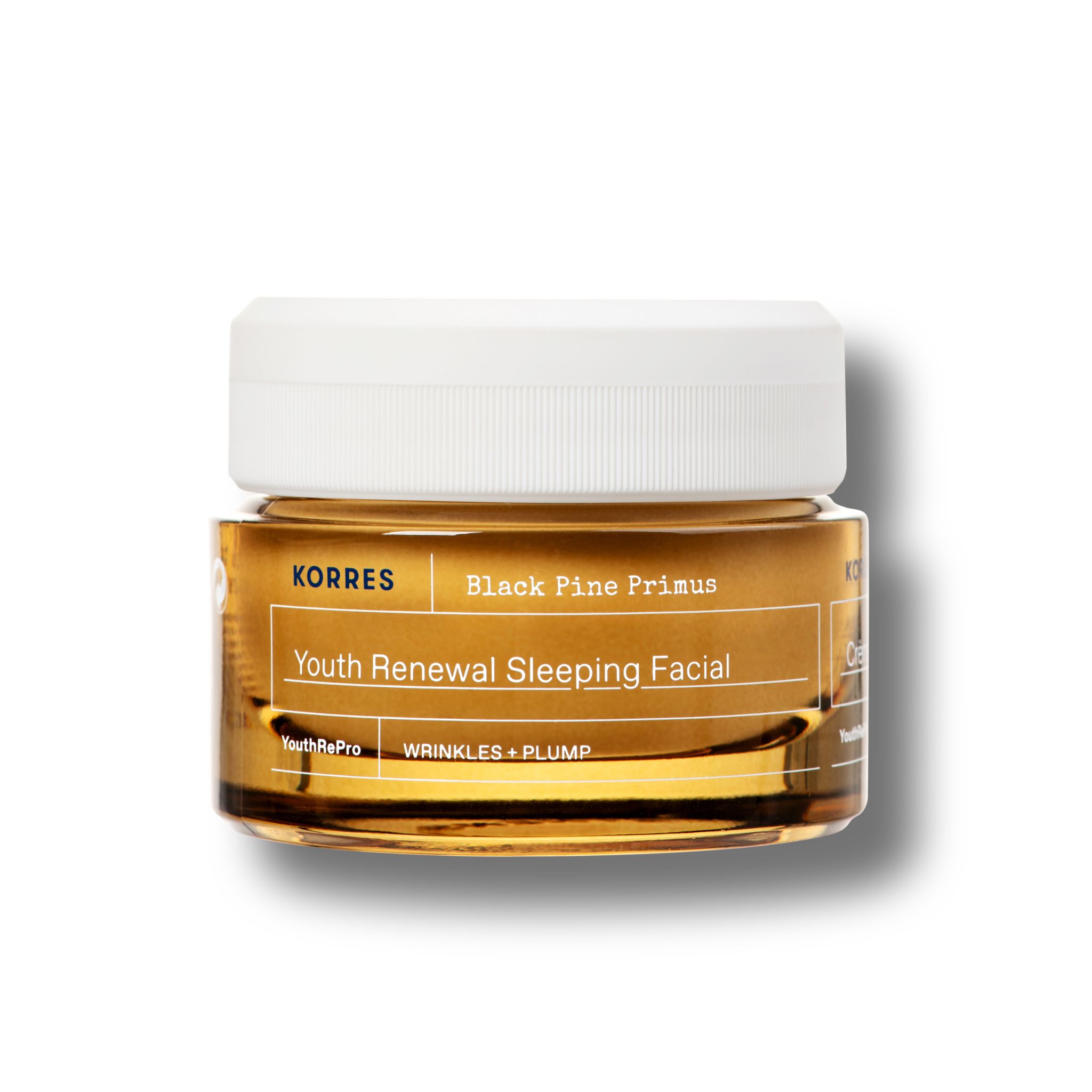 Glasbehälter mit weißem Deckel. Aufschrift: KORRES, Black Pine Primus, Youth Renewal Sleeping Facial. Gegen Falten.