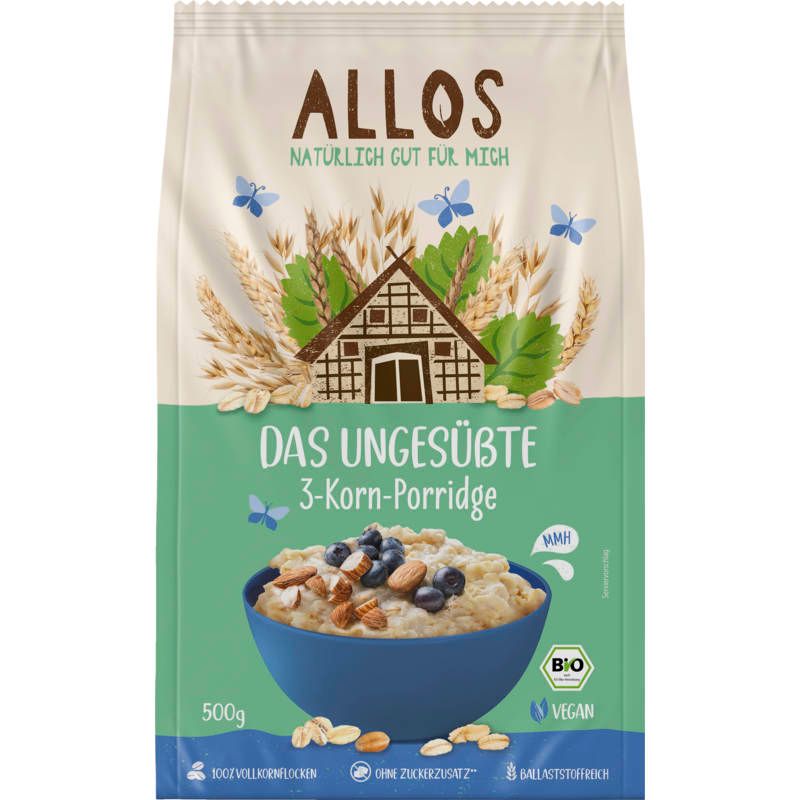 Verpackung von Allos 3-Korn-Porridge. Enthält ein blaues Porridge in einer Schüssel, mit Früchten und Nüssen. Bio- und Vegan-Siegel.