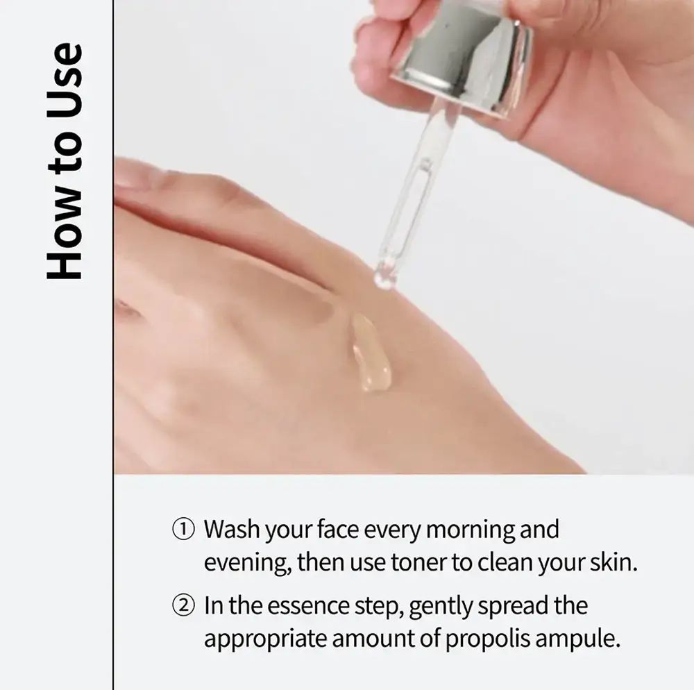 Hand mit Pipette, die eine gelbliche Flüssigkeit auf die Haut aufträgt. Text: Anwendungsschritte.