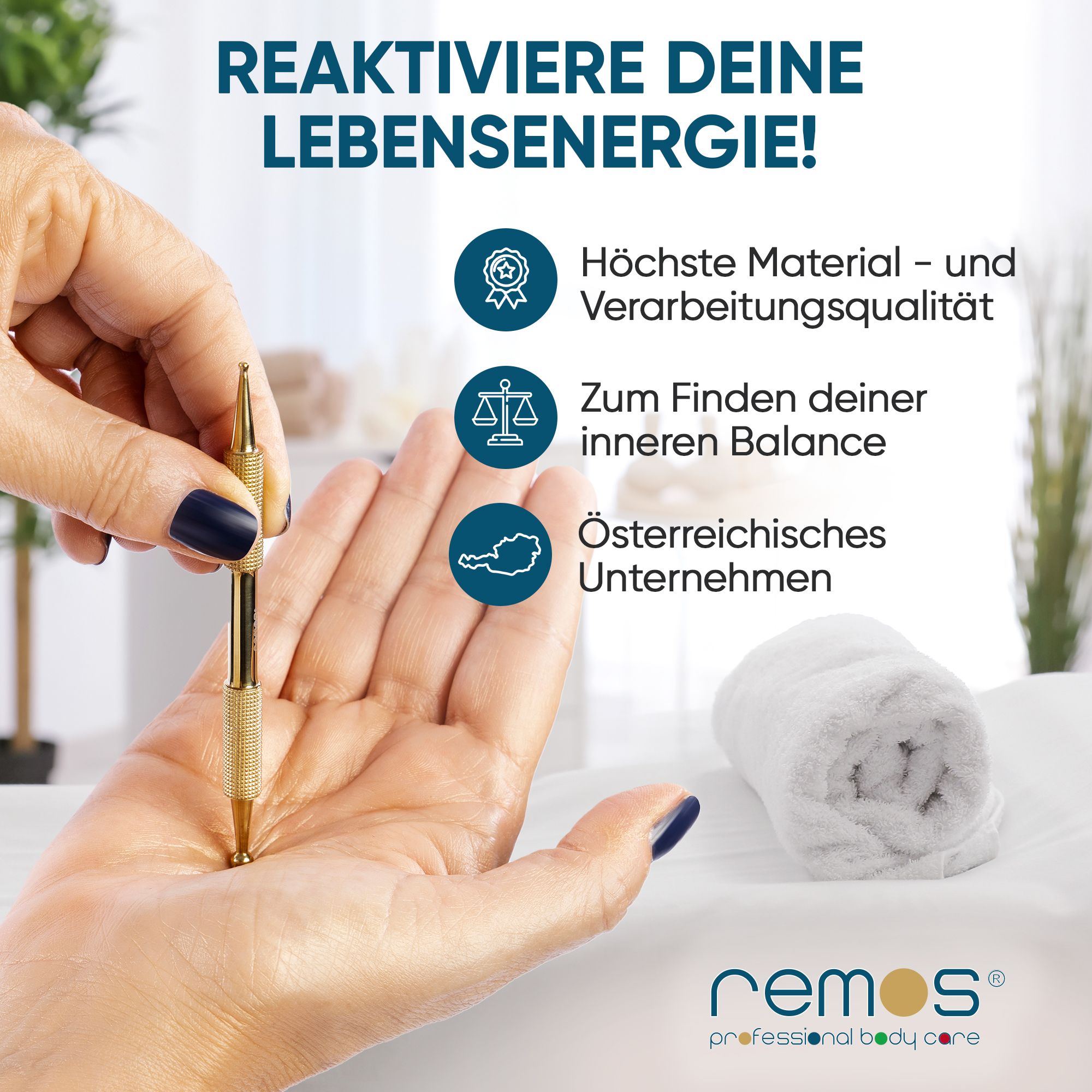 REMOS Akupressurstift, 10cm, vergoldet,  Ø2.5/4.5 mm
