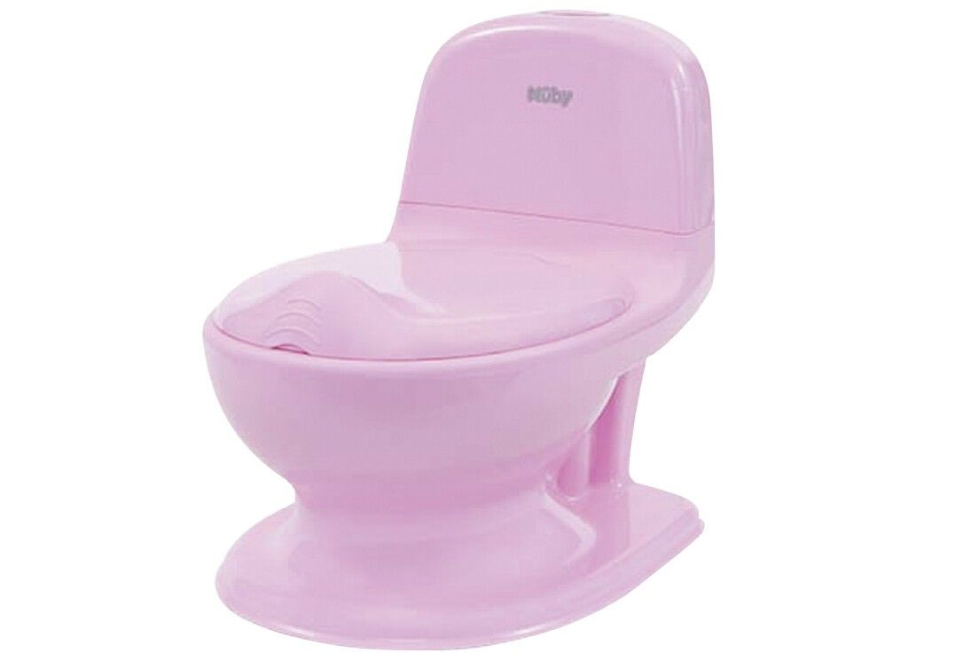 Rosa Kleinkind-Trainings-Toilette. Mit Deckel und Sitz. Marke Nuby auf dem Deckel sichtbar.