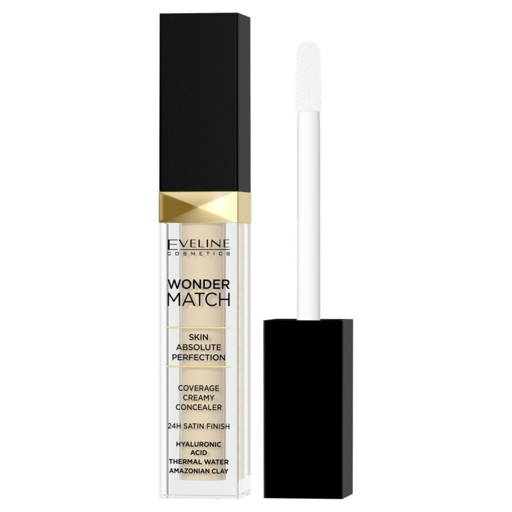 Flüssiger Concealer mit schwarzem Deckel und Applikator. Aufschrift: Eveline Cosmetics, Wonder Match, Skin Absolute Perfection.