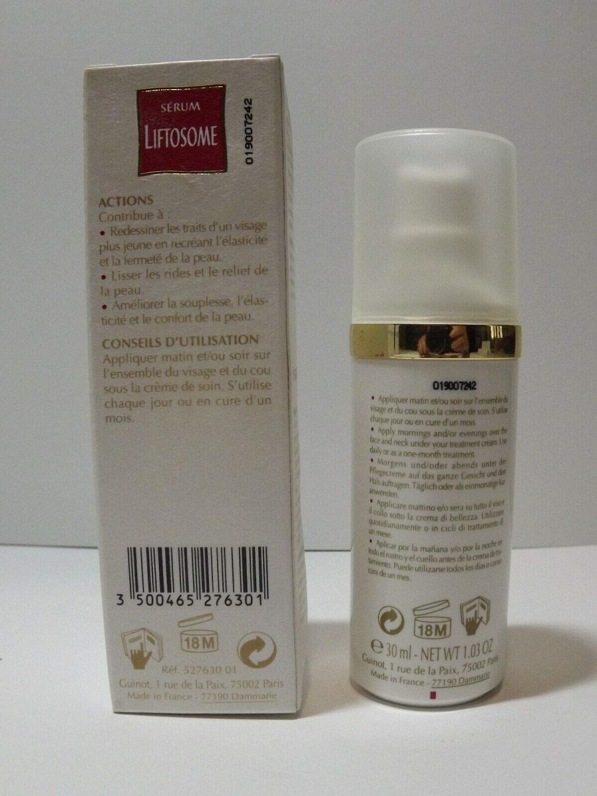 Rückseite der Guinot Liftosome Serum Verpackung mit Anwendungshinweisen.