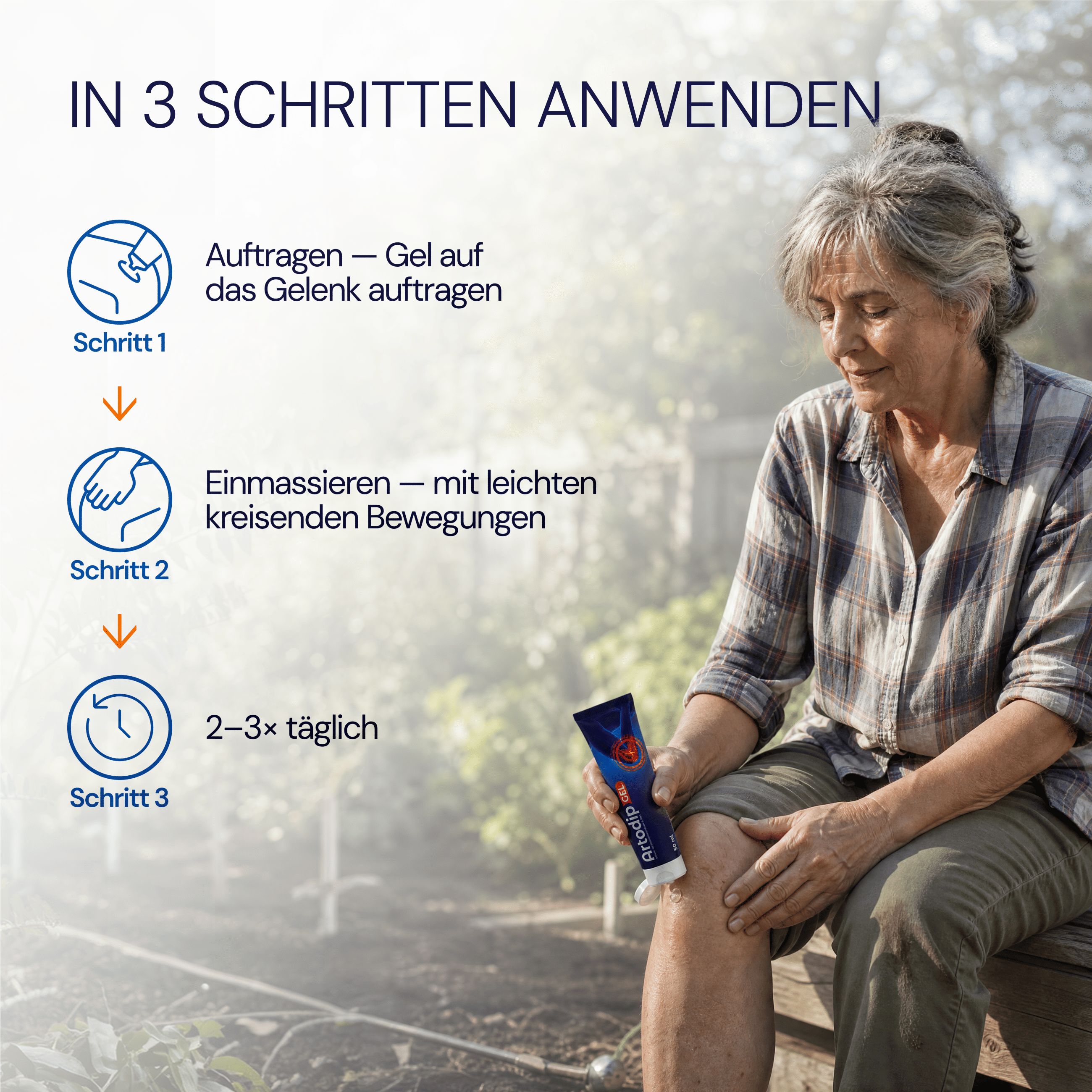 Anwendung von Artodip Gel in 3 Schritten: Auftragen, Einmassieren, 2-3x täglich.