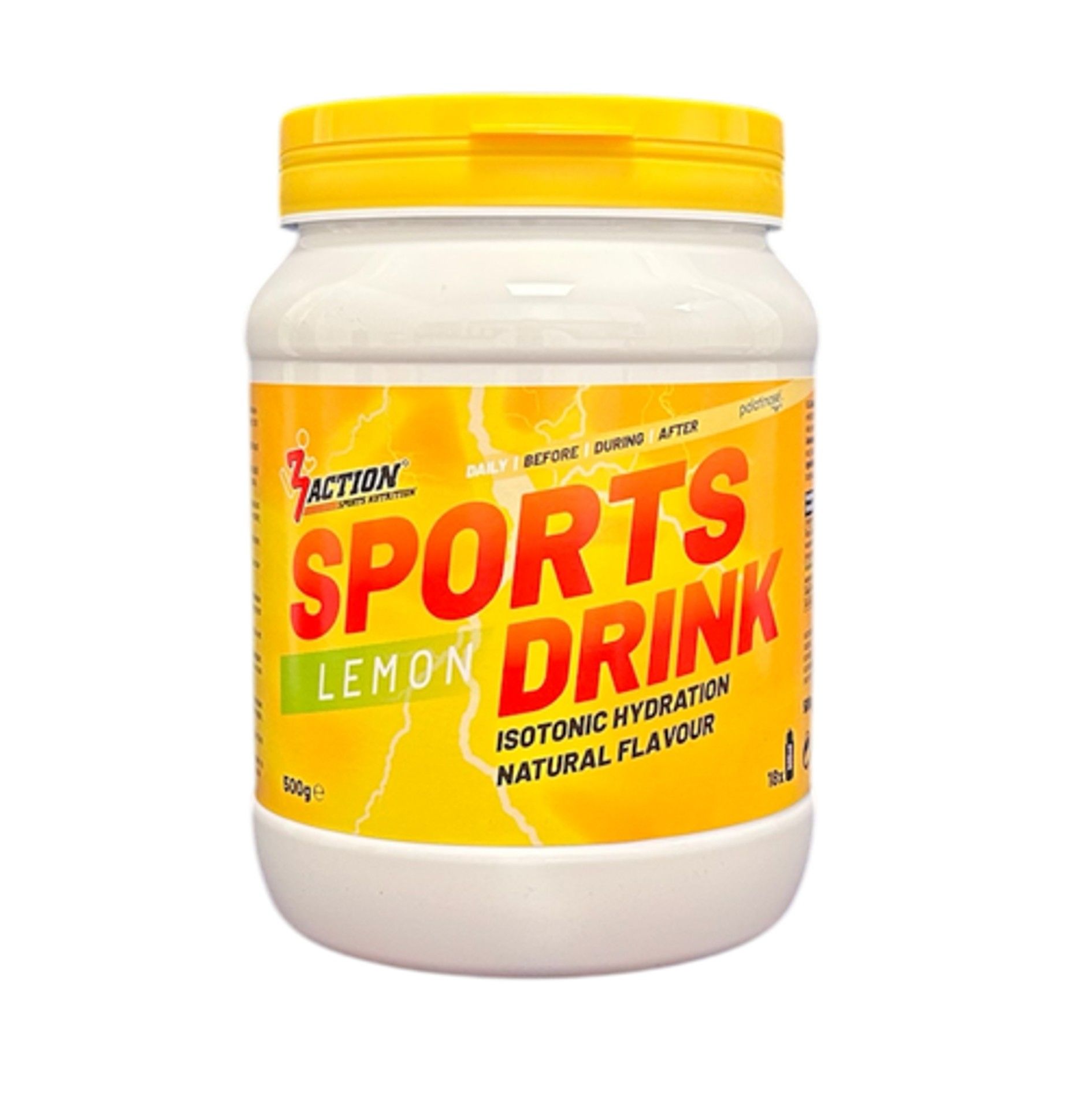 Weißes Sportgetränk-Pulver in Dose mit gelbem Deckel. Aufschrift: Sports Drink Lemon, isotonische Hydratation, natürliches Aroma.