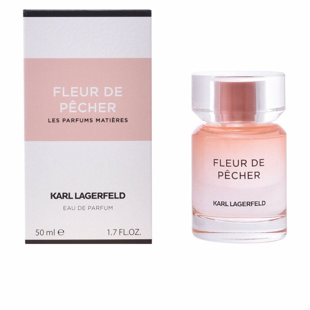 Fleur de Pêcher Flakon und Verpackung. Aufschrift: KARL LAGERFELD, Fleur de Pêcher, Les Parfums Matières.