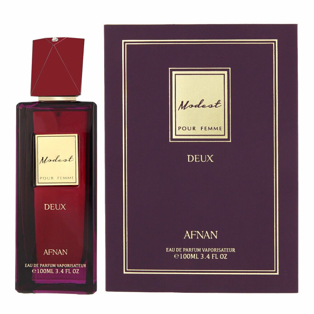 Dunkelroter Flakon und lila Schachtel. Goldfarbene Schriftzüge: Modest Pour Femme Deux, Afnan. Flakon mit rotem Deckel. Verpackung mit goldenem Rahmen.