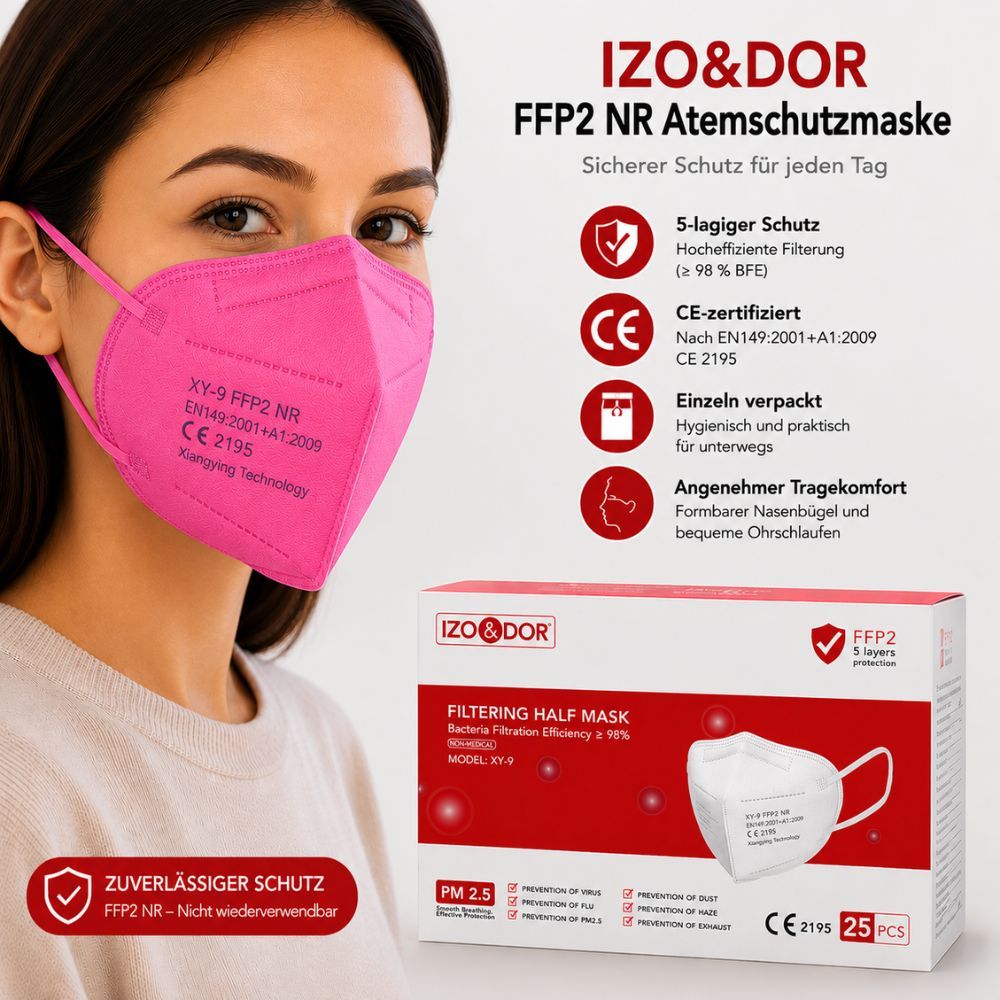 Eine Frau trägt eine pinke FFP2-Atemschutzmaske.