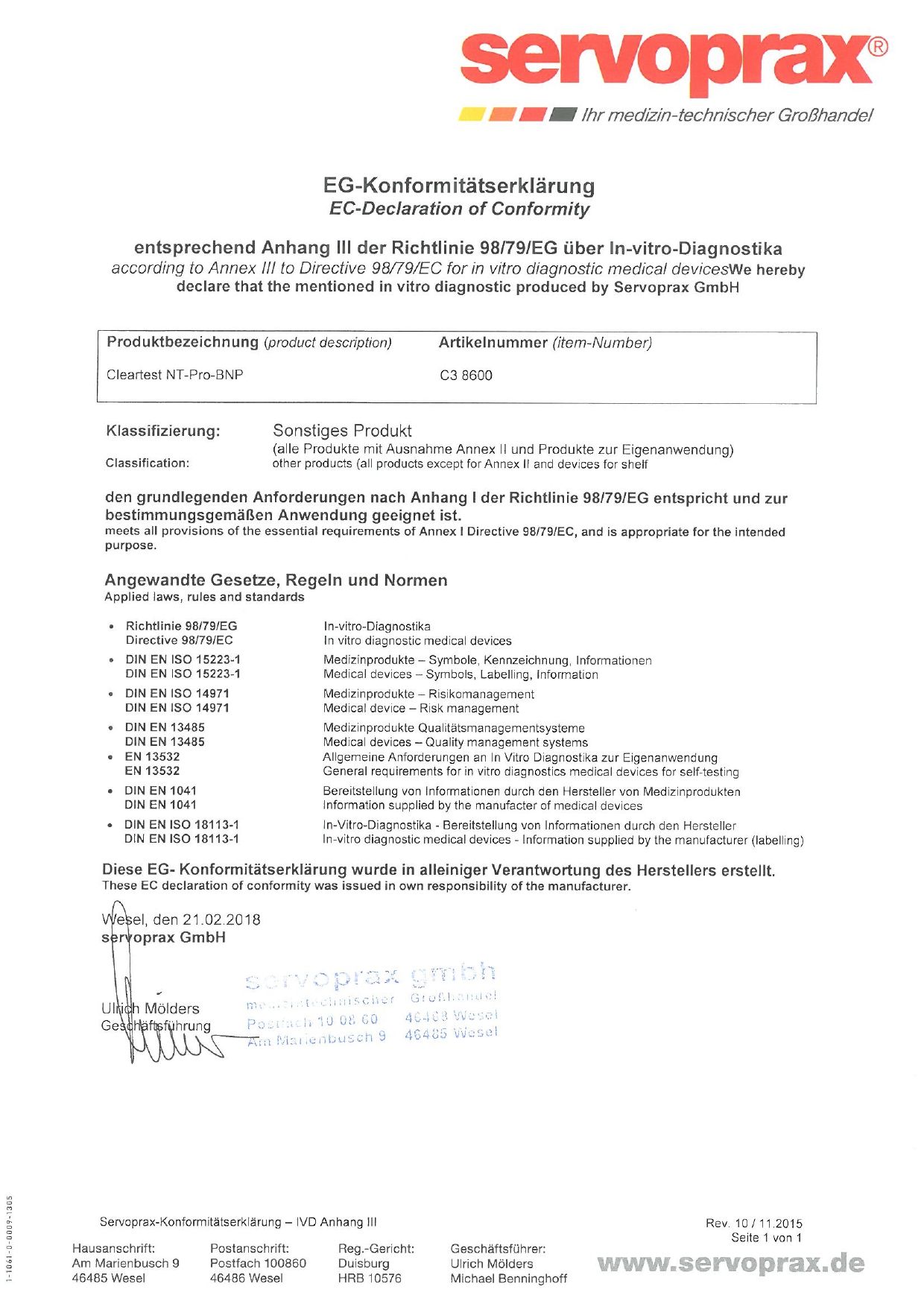 Konformitätserklärung für ClearTest NT-pro BNP. In-vitro-Diagnostikum. Hersteller: servoprax GmbH. Mit Unterschrift und Stempel.