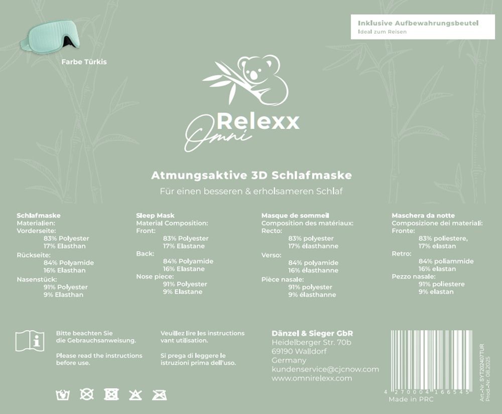 Etikett der Schlafmaske. Text: Atmungsaktive 3D Schlafmaske. Materialzusammensetzung, Herstelleradresse, Farbe Türkis.