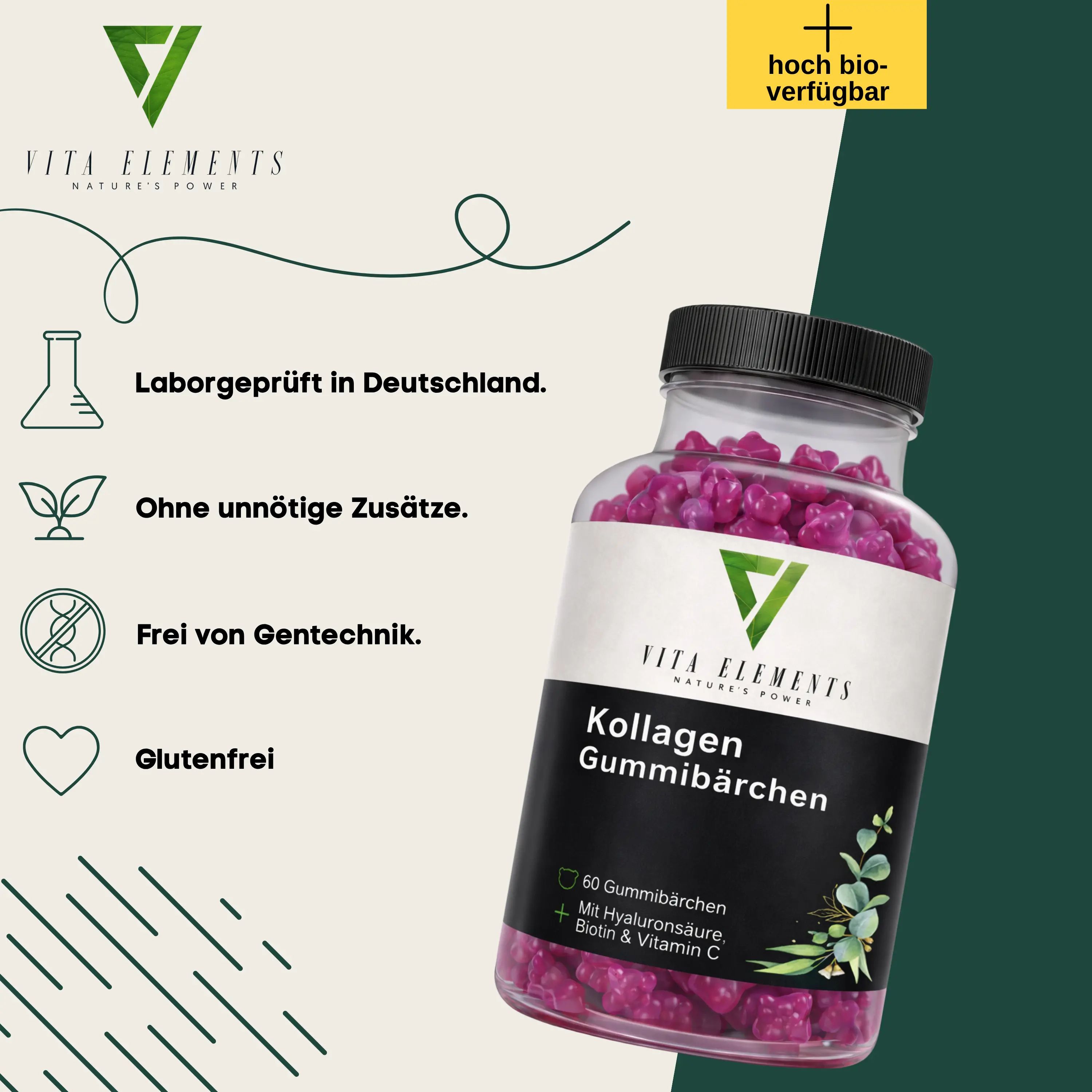 Flasche mit lila Kollagen-Gummibärchen, Vita Elements Logo, "Kollagen Gummibärchen" Aufschrift, "60 Gummibärchen".