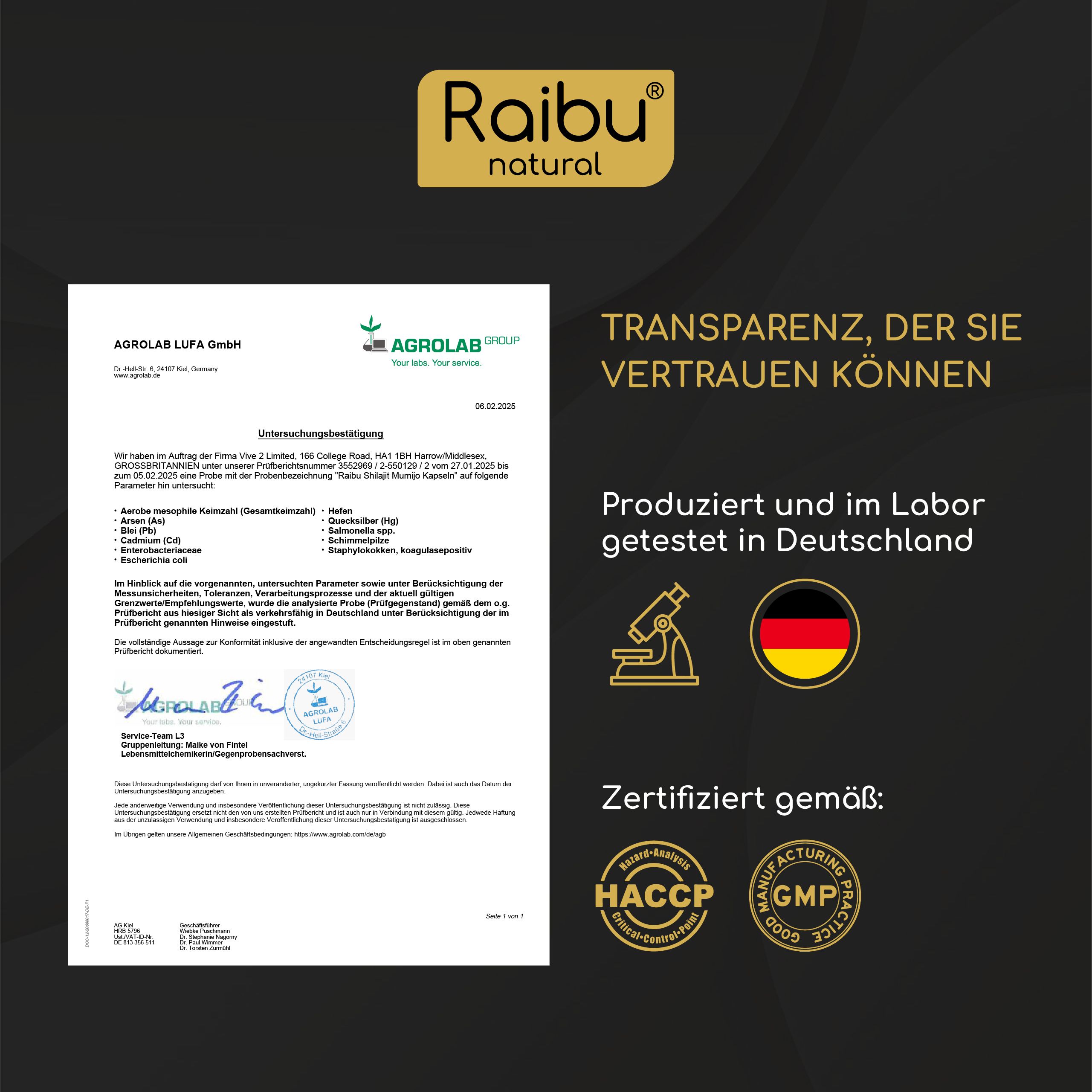 Zertifizierungsdokumente. Text: Produziert und im Labor getestet in Deutschland. Zertifiziert nach HACCP, GMP.