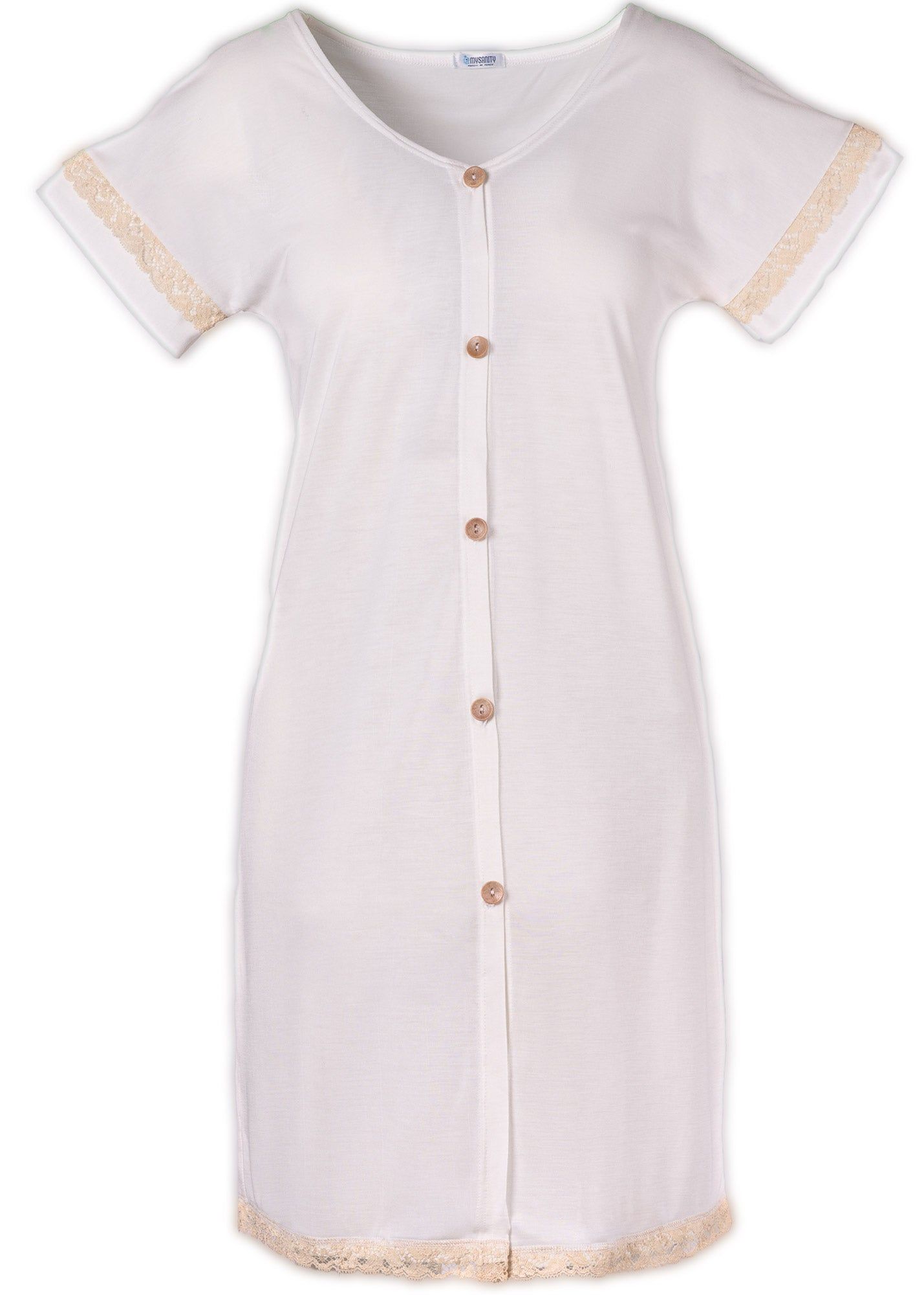 Elfenbeinfarbenes Geburtshemd aus Bambus mit Spitze. Kurze Ärmel, Knopfleiste, Spitzendetails.