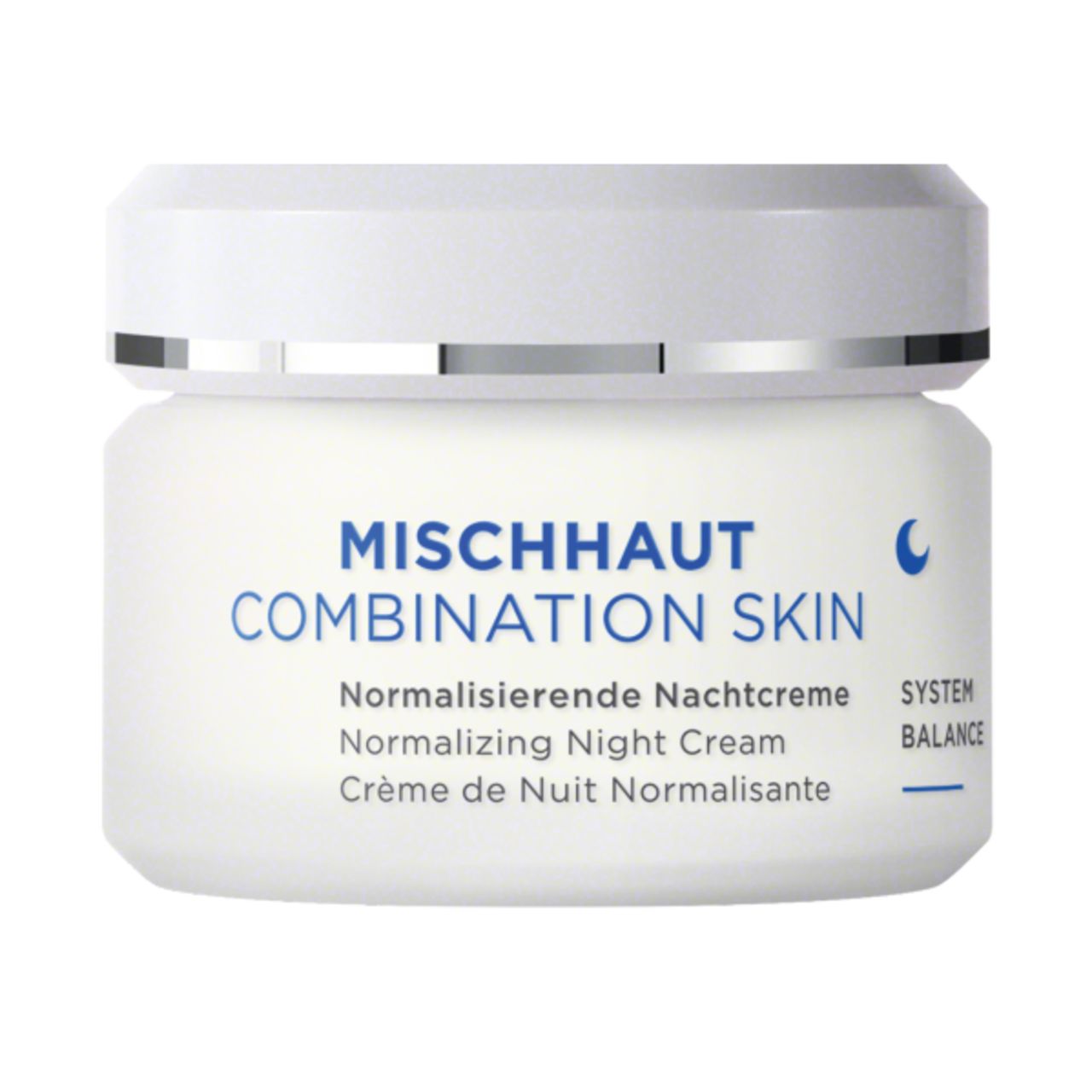 Creme-Tiegel mit weißem Deckel. Aufschrift: MISCHHAUT COMBINATION SKIN. Text: Normalisierende Nachtcreme.