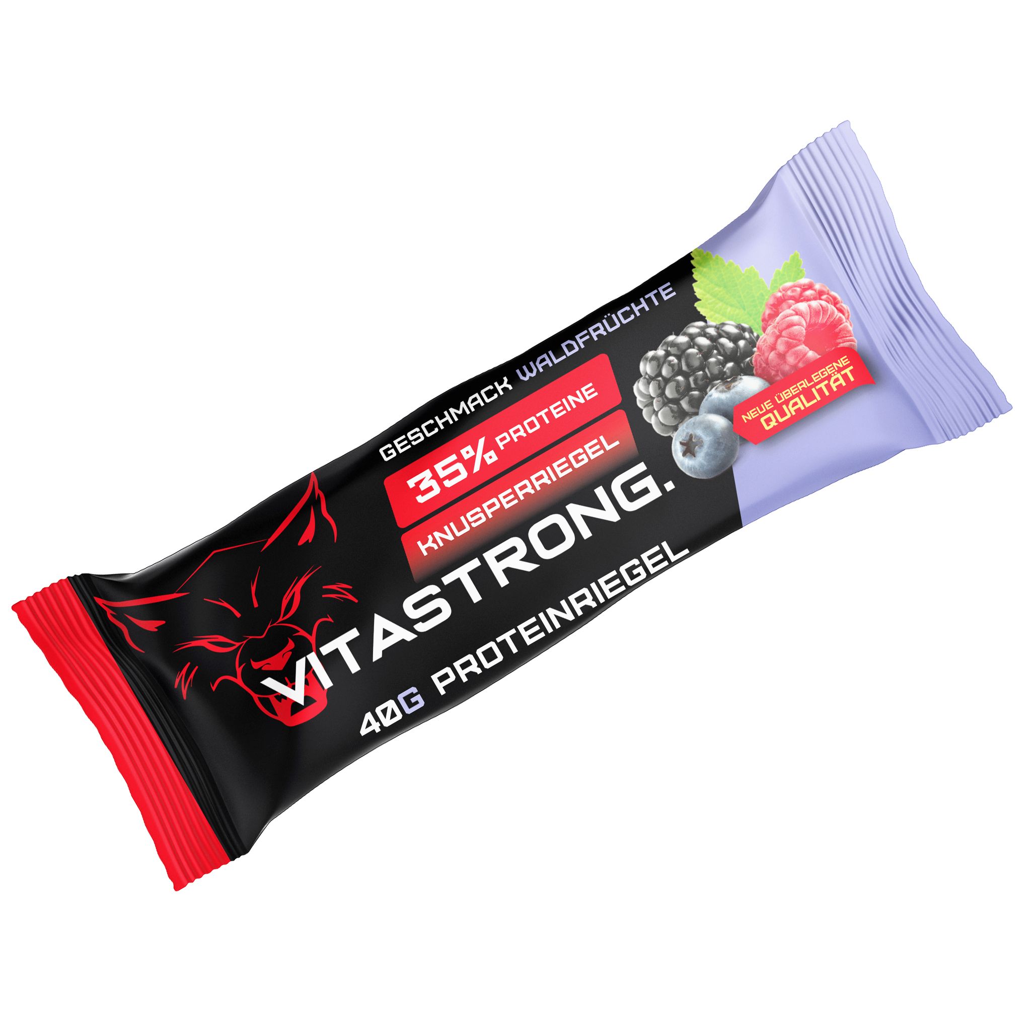 Proteinriegel mit Waldfrüchte-Geschmack. Schwarze Verpackung mit rotem Akzent. Aufdruck: Vitastrong, 35% Protein, 40g.