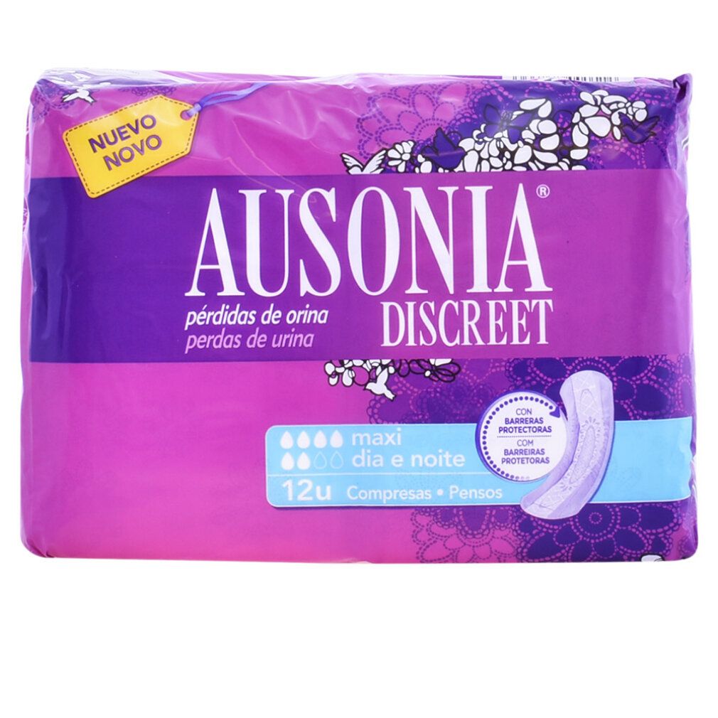 Verpackung von Ausonia Discreet. Lila Verpackung mit Produktabbildung. Text: Nuevo, Maxi, Dia e noite, 12 Stück.