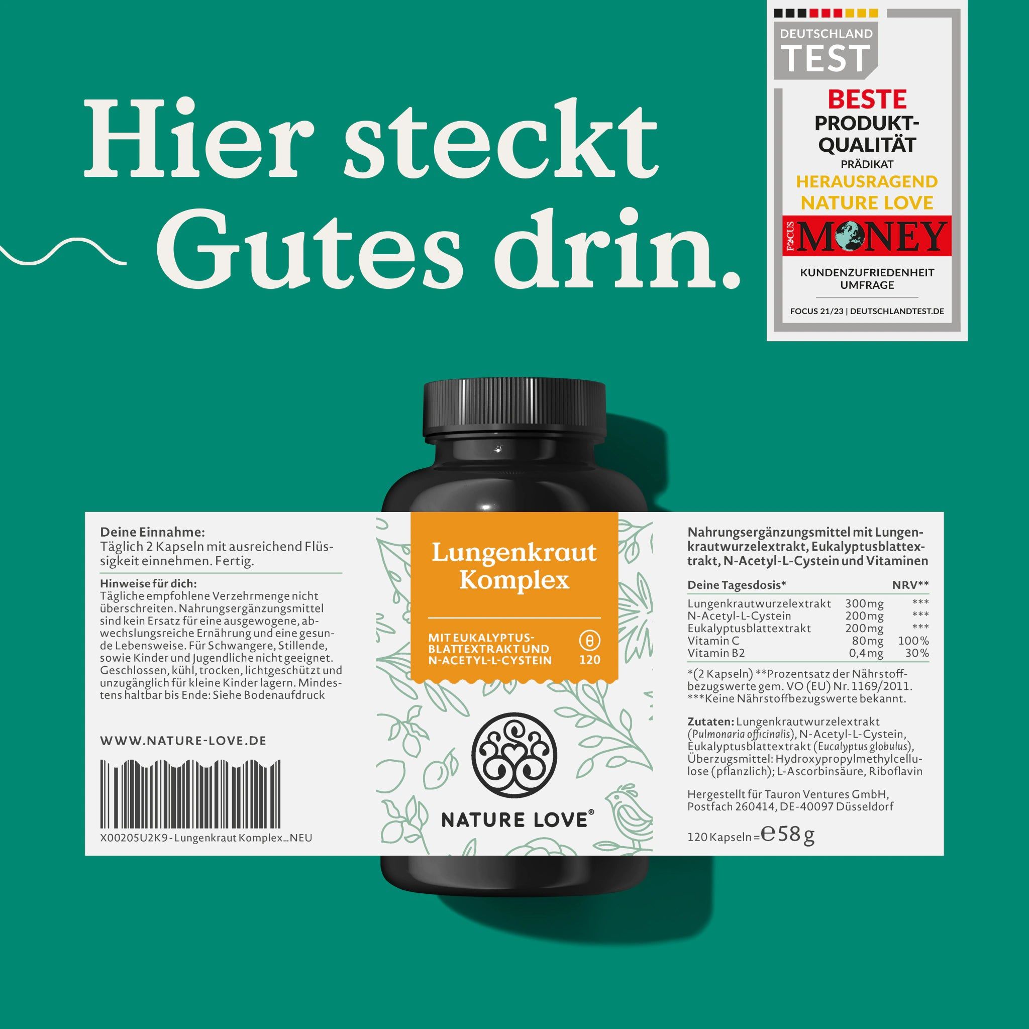 Braune Kapsel-Dose mit Etikett. Aufschrift: Lungenkraut Komplex, NATURE LOVE®. Text und Logo. Qualitätsauszeichnung.