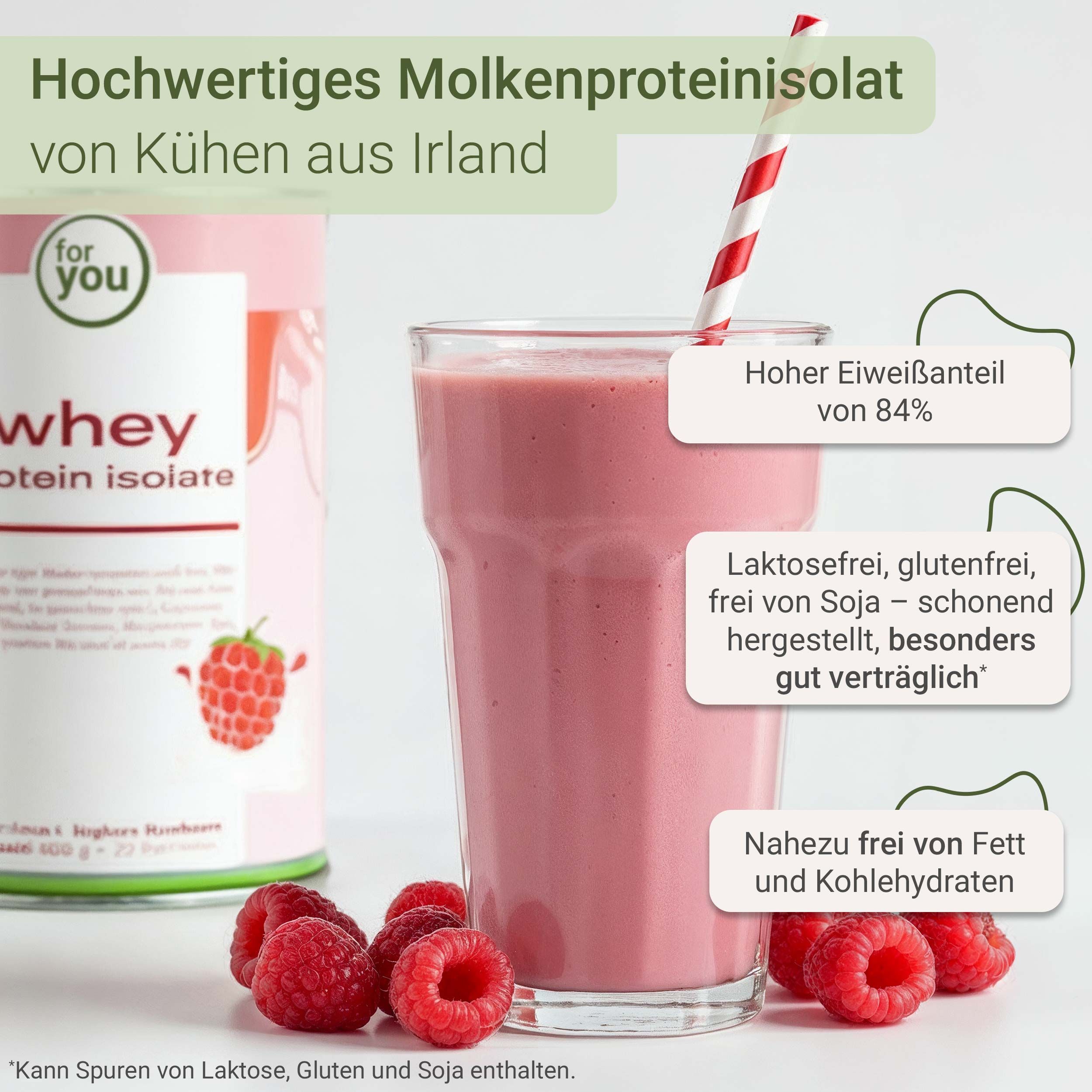 Glas mit rosa Shake, Himbeeren und Dose "whey protein isolate". Text: Hoher Eiweißanteil, laktosefrei, glutenfrei, etc.