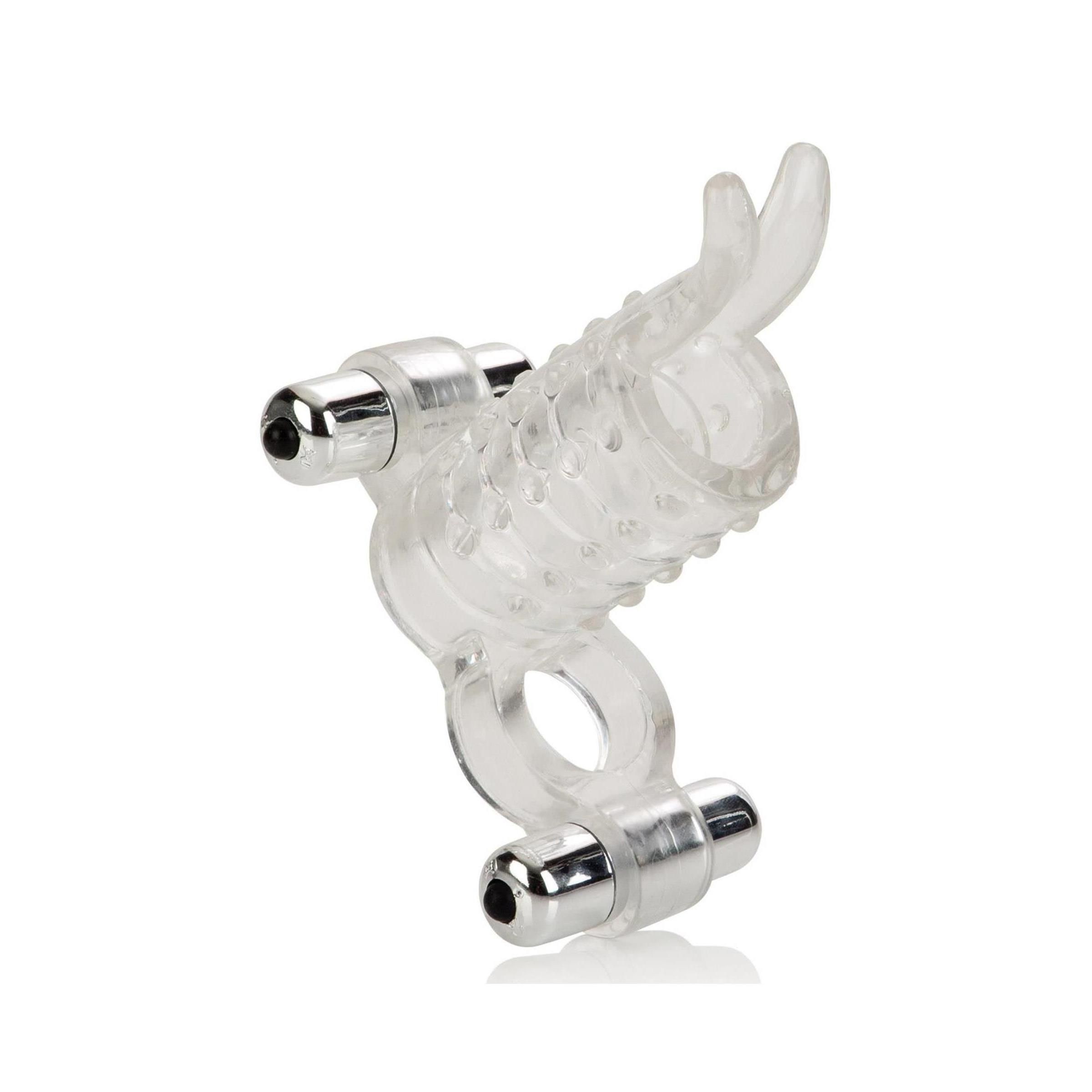 Klarer Enhancer mit zwei Metallenden und einem strukturierten Ring. Zwei Ausbuchtungen an der Spitze.